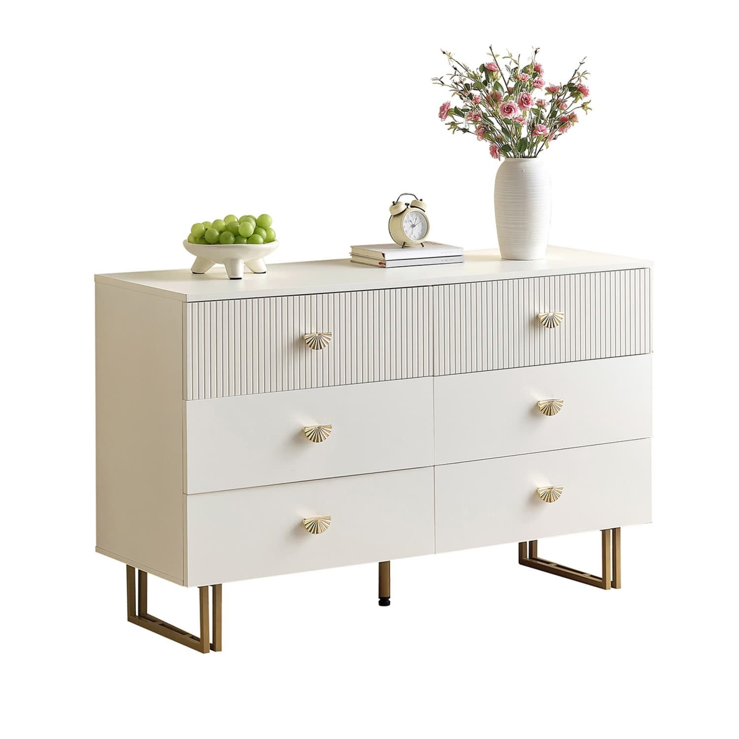 autolock Kommode Modernes Sideboard mit 6 Schubladen in Weiß und Gold-Akzenten, Elegantes Design aus MDF und Stahl, Ideal für Eingangsbereiche