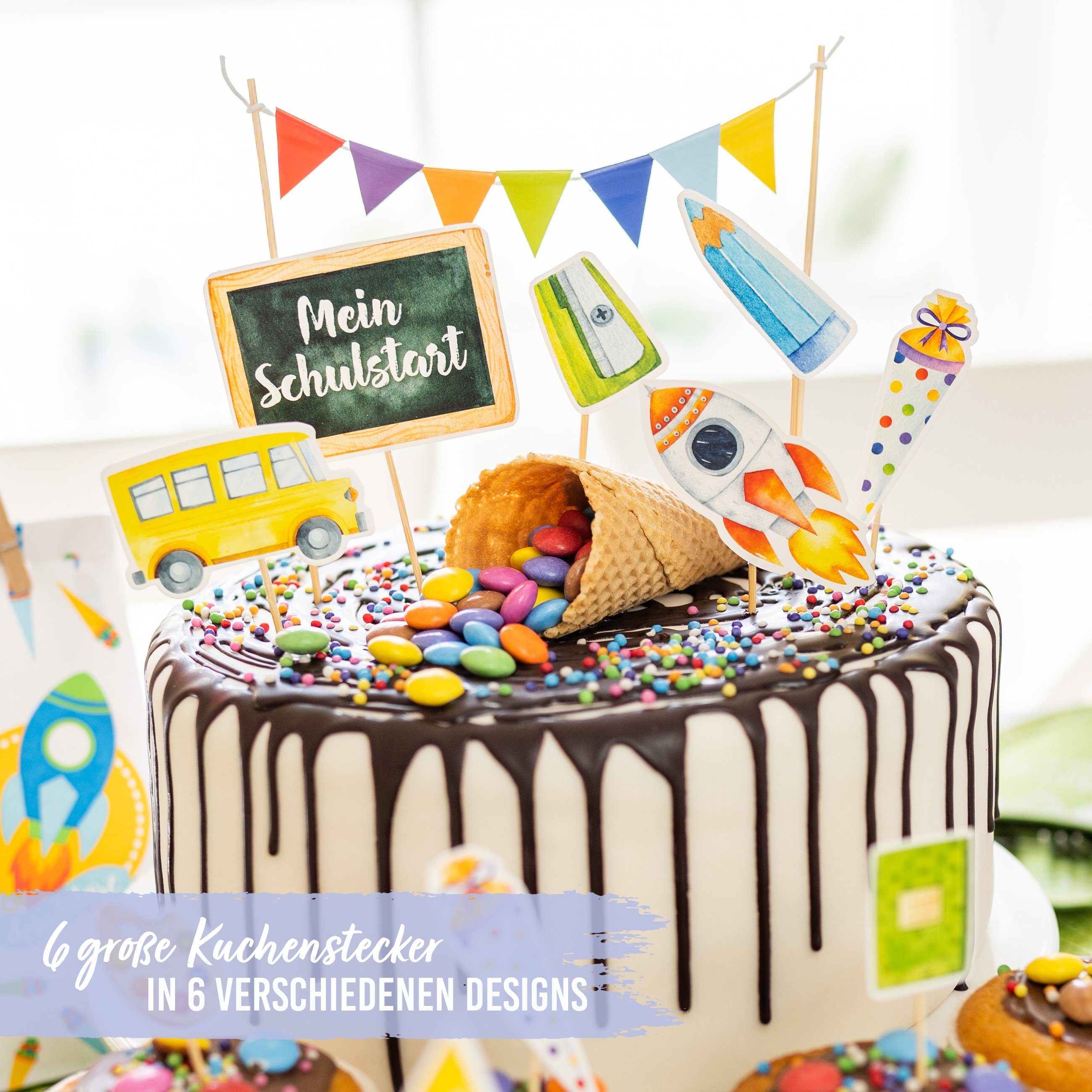 PAPIERDRACHEN Tortenstecker Kuchenstecker zur Einschulung - in verschiedenen Designs, Einschulung - Erste Klasse - Einschulungsparty