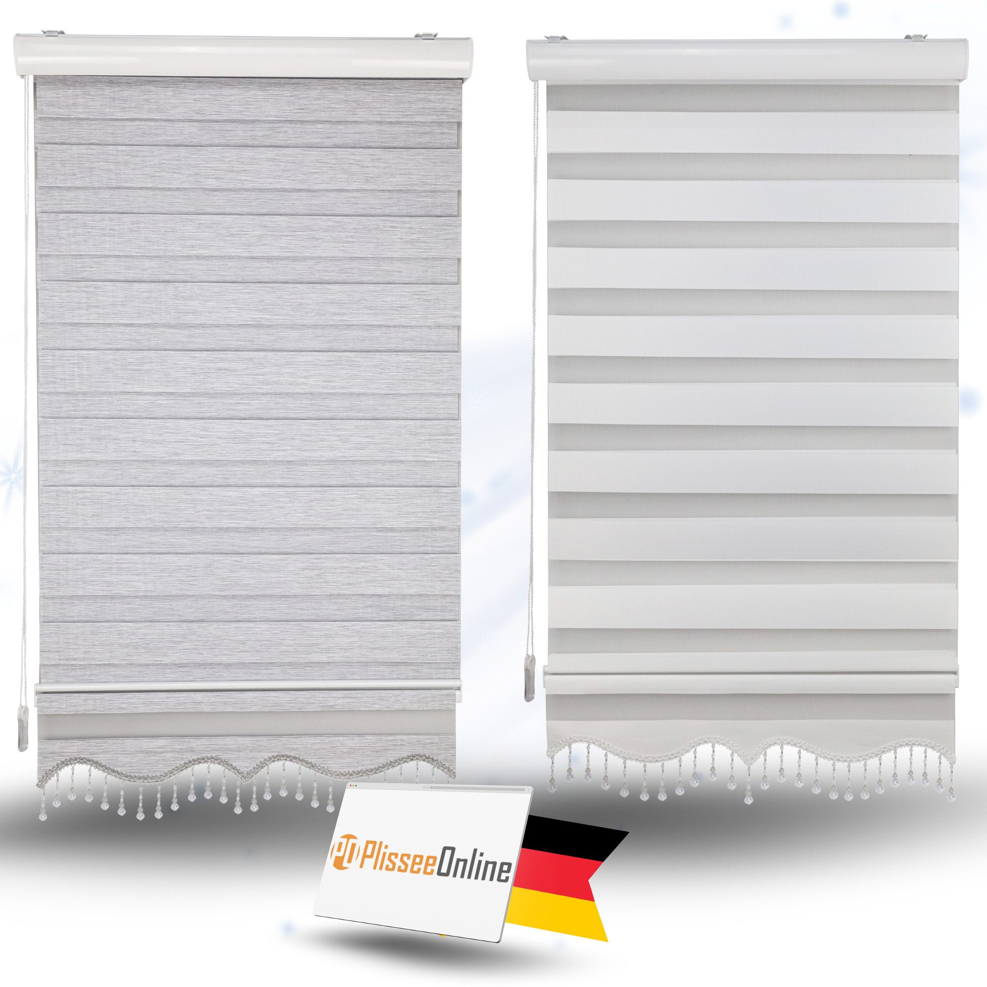 Doppelrollo Doppelrollo mit Kassette Weiß Grau Höhe 250/200 cm mit und ohne Perlen, Plisseeonline, abdunkelnd, Deckenmontage, Inkl. Montagezubehör für Deckenmontage, Wand oder Decke, mit Kindersicherung