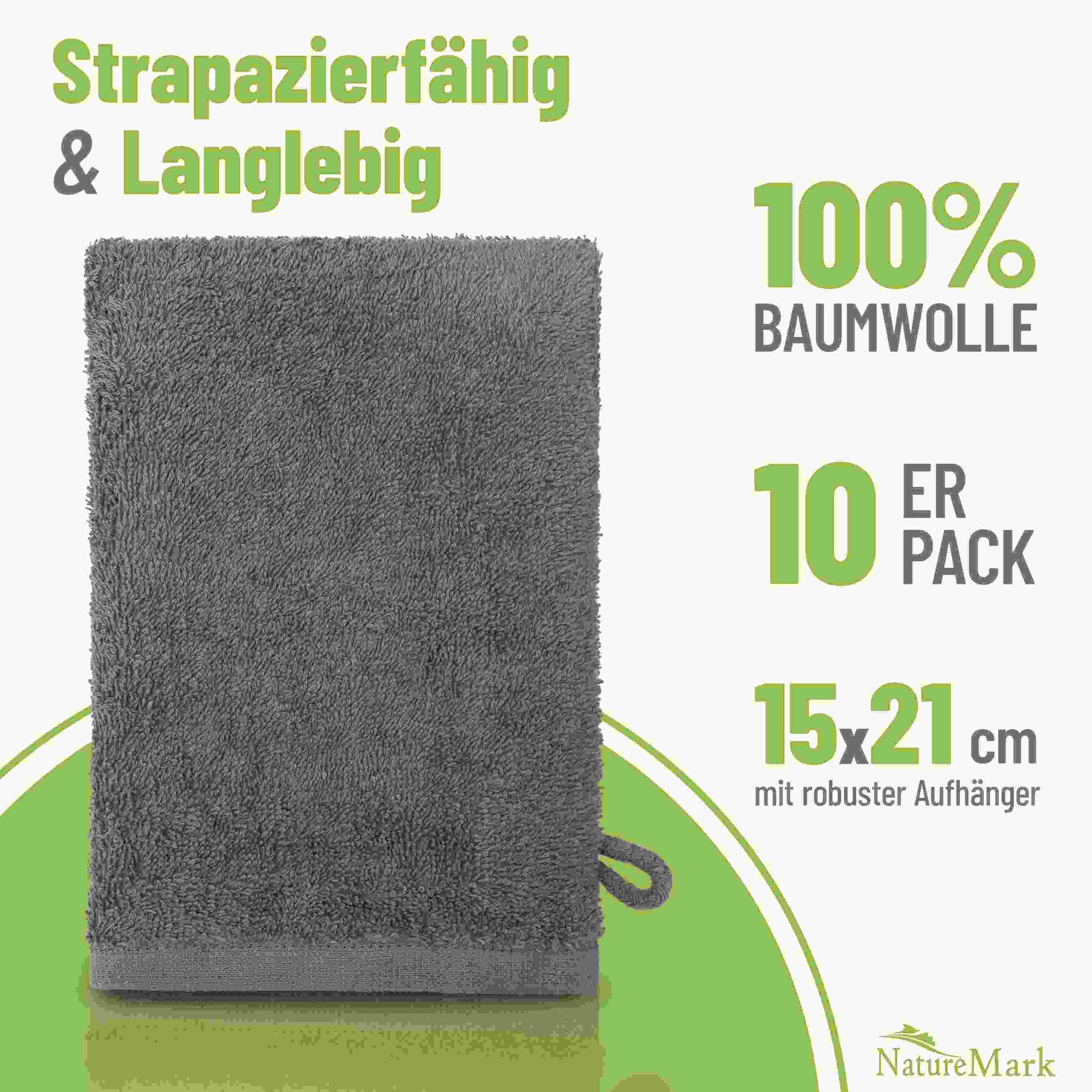 NatureMark Waschhandschuh 10er-Set Frottier Waschhandschuhe, 100% Baumwolle (10-St), Premium Frottier Waschhandschuhe, 15x21cm, Anthrazit grau
