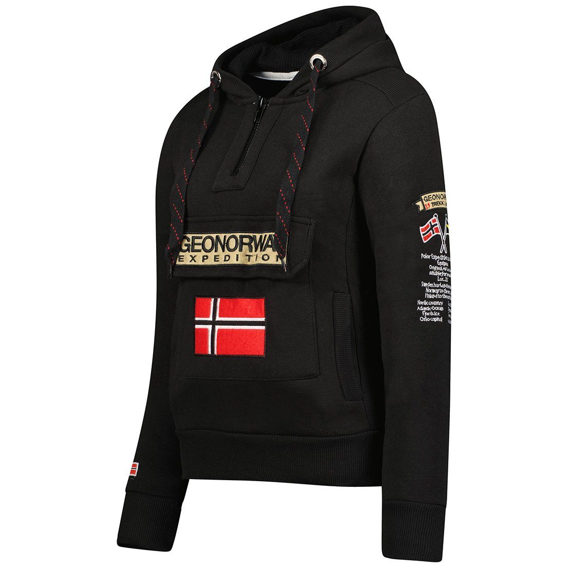 Geo Norway Kapuzenpullover Damen Slim Fit Hoodie bagymclass lady Black XL mit Norwegen Fahne als Emblem