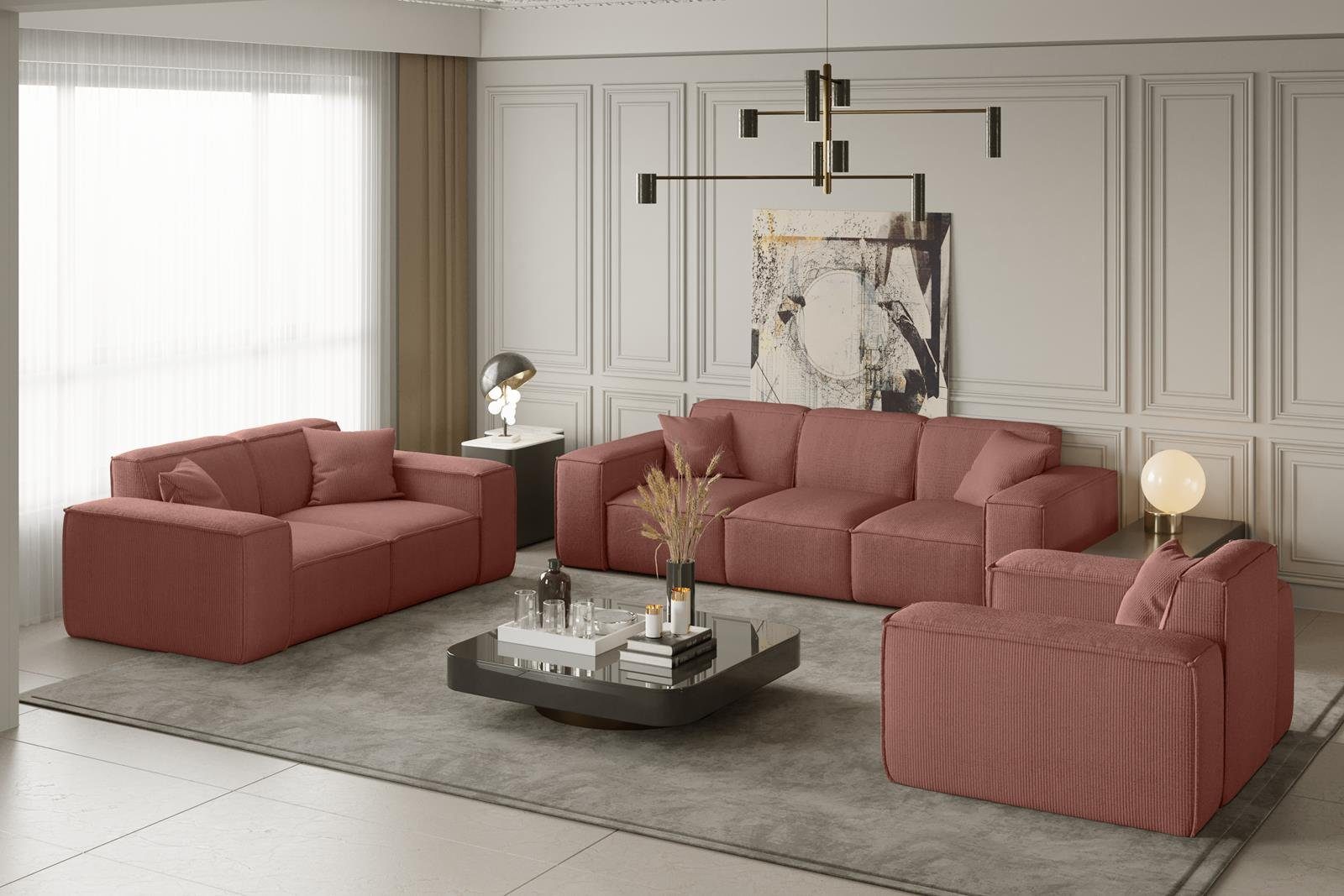 Beautysofa Polstergarnitur Lugano, (aus Cordstoff oder Velourstoff, bestehend aus 3-Sitzer + 2-Sitzer + Sessel), Set im modernes Stil, mit Wellenfedern, breite Armlehnen