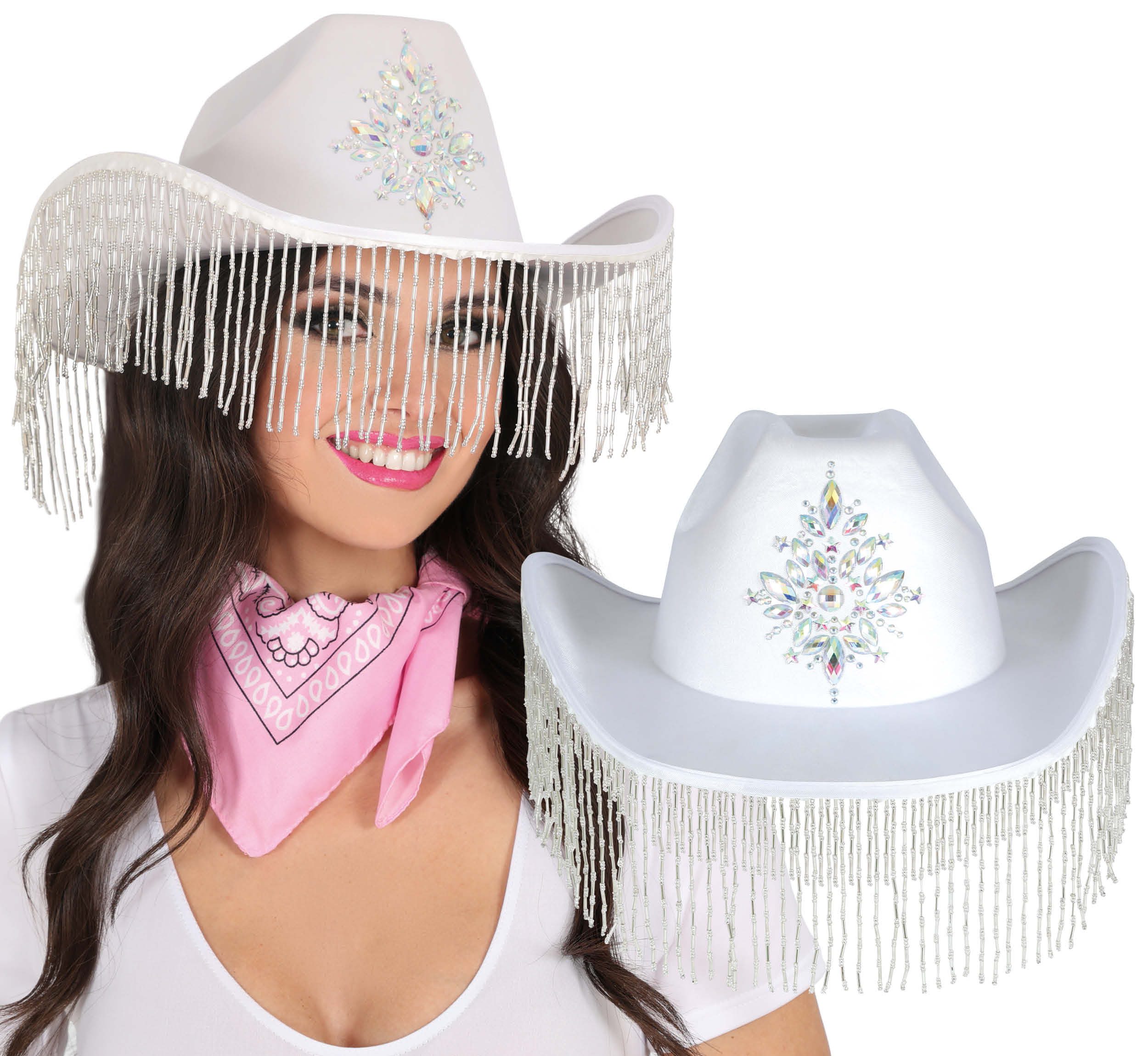 Fiestas Guirca Kostüm, Cowboy Hut Weiß Glitzerfransen Karneval Kopfschmuck Strasssteine Acce