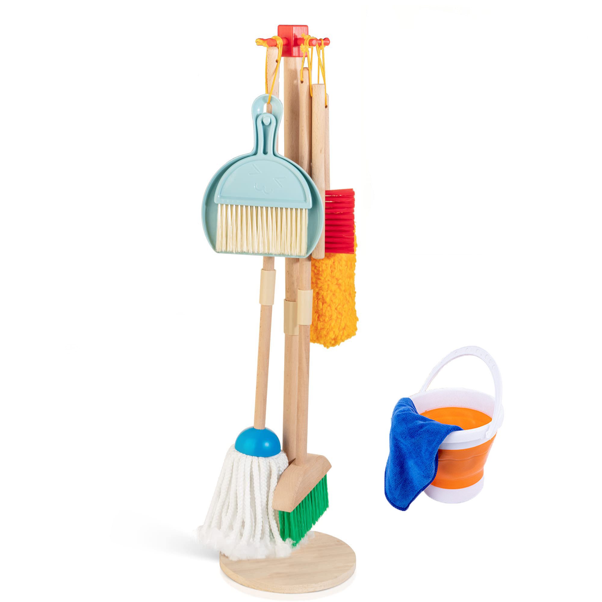 CLTYQ Kinder-Haushaltsset Kinder Reinigungsset aus Holz – Besen, Mopp, Kehrschaufel & Bürsten, mit Ständer, Haushalts Rollenspiel Spielzeug, Putzset für Kinder