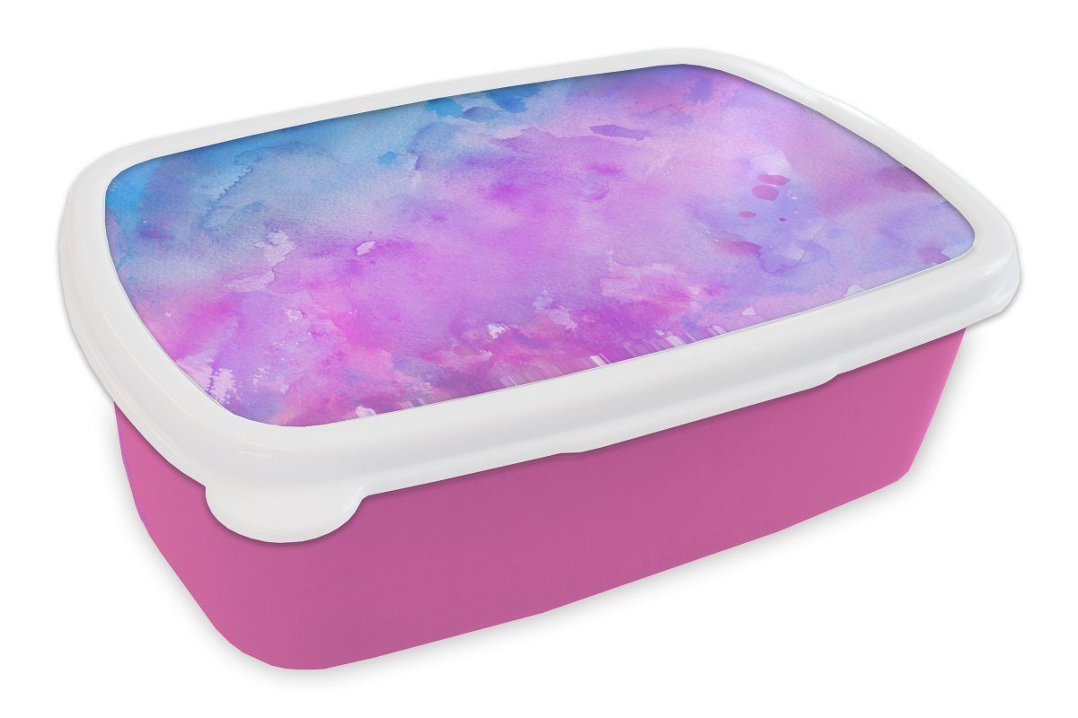 MuchoWow Lunchbox Aquarell - Lila - Abstrakt - Blau, Kunststoff, (2-tlg), Brotbox für Erwachsene, Brotdose Kinder, Snackbox, Mädchen, Kunststoff rosa