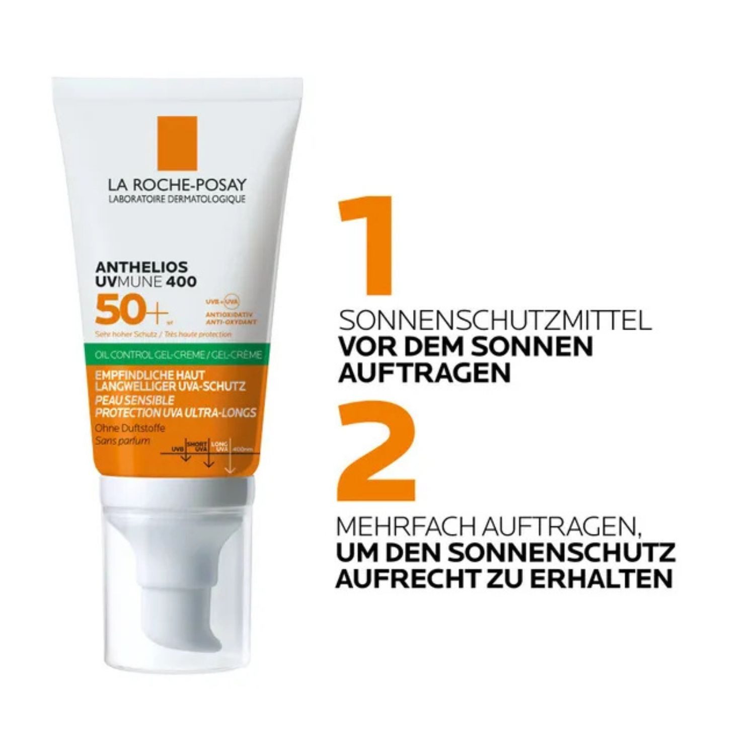 La Roche-Posay Sonnenschutzcreme Anthelios UVMune 400 Oil Control Gel-Creme – Sehr hoher Sonnenschutz, LSF 50+ für empfindliche, ölige Haut –, Mattierender Effekt mit Airlicium-Technologie – 50 ml