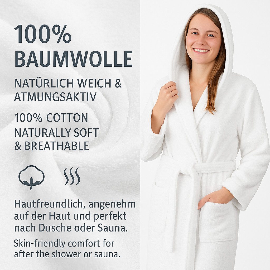 Betz Bademantel Saunamantel mit Kapuze für Herren und Damen FULDA, Wadenlang, 100% Baumwolle, Kapuze, Gürtel