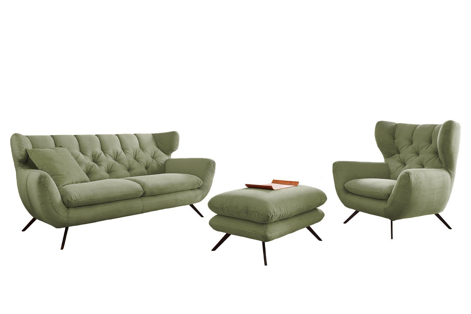 KAWOLA Sofa Farben Sitzgruppe Sessel (Set, versch. Cord Hockerbank CHARME, 3-tlg), olivgrün