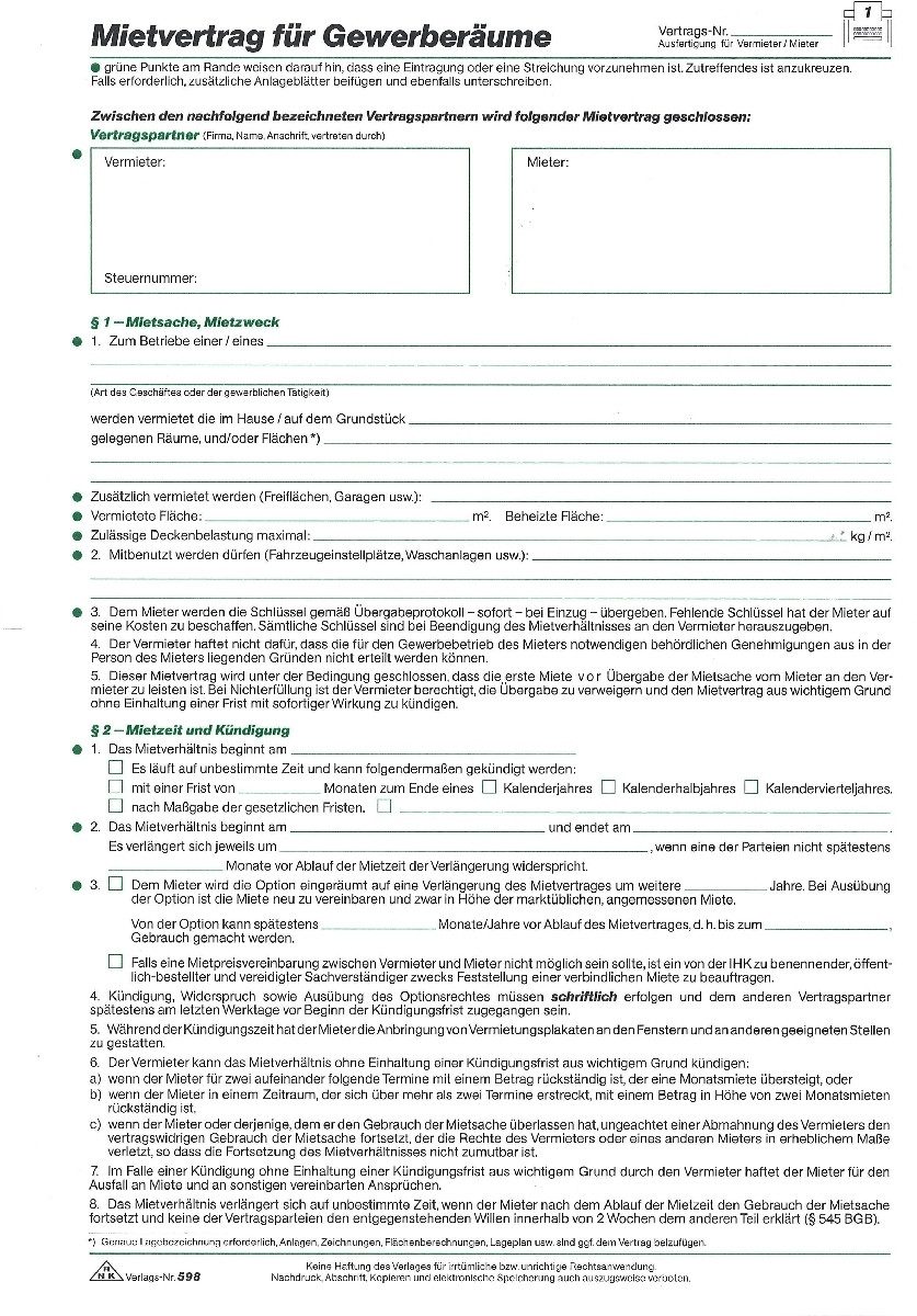 Formularblock Mietvertrag für Gewerberäume A4 3 Blatt.