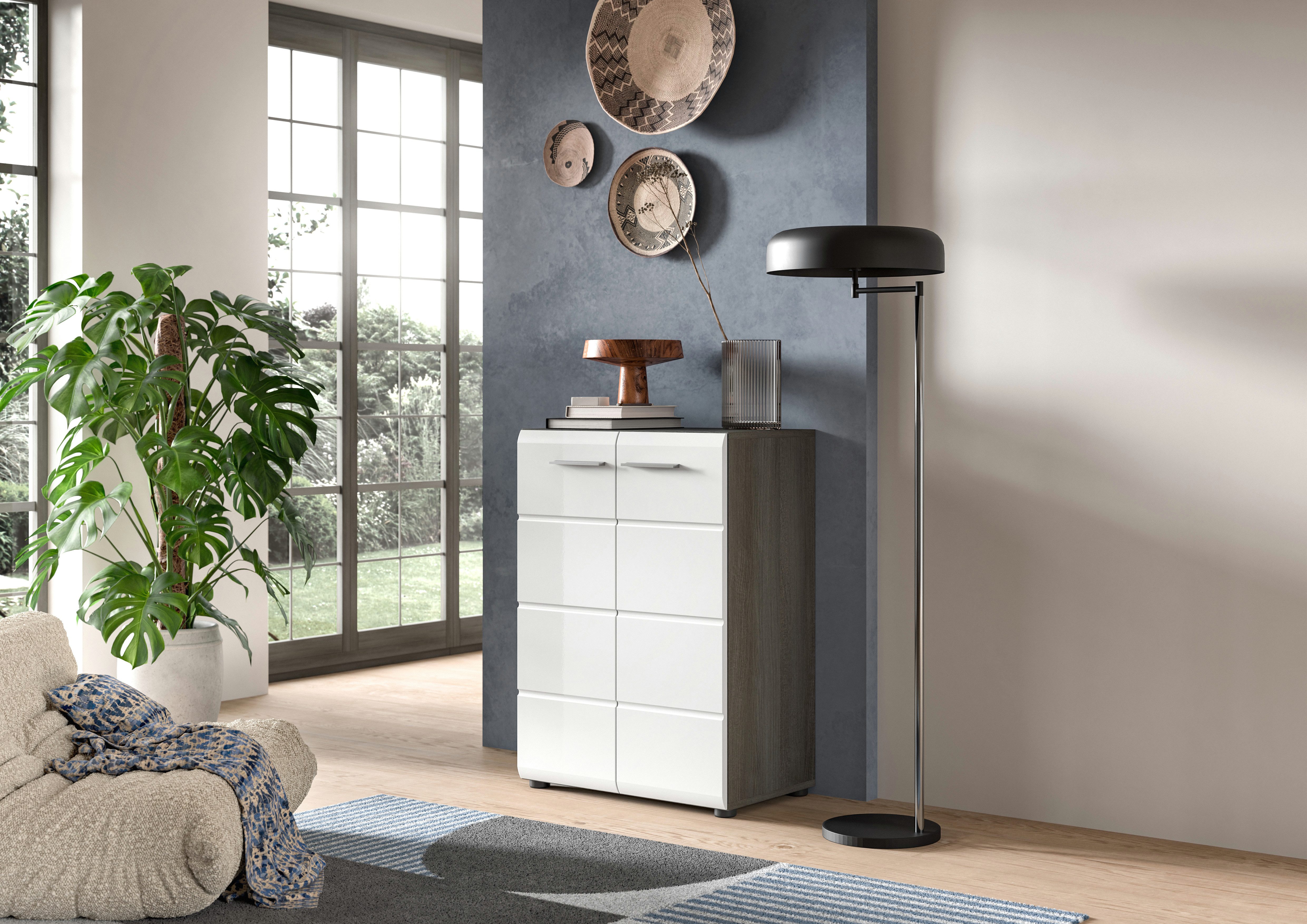 INOSIGN Kommode Rumba, Breite 60cm, in Rauchsilber Nachbildung/ Weiß Hochglanz, Kommode, Sideboard, Schrank