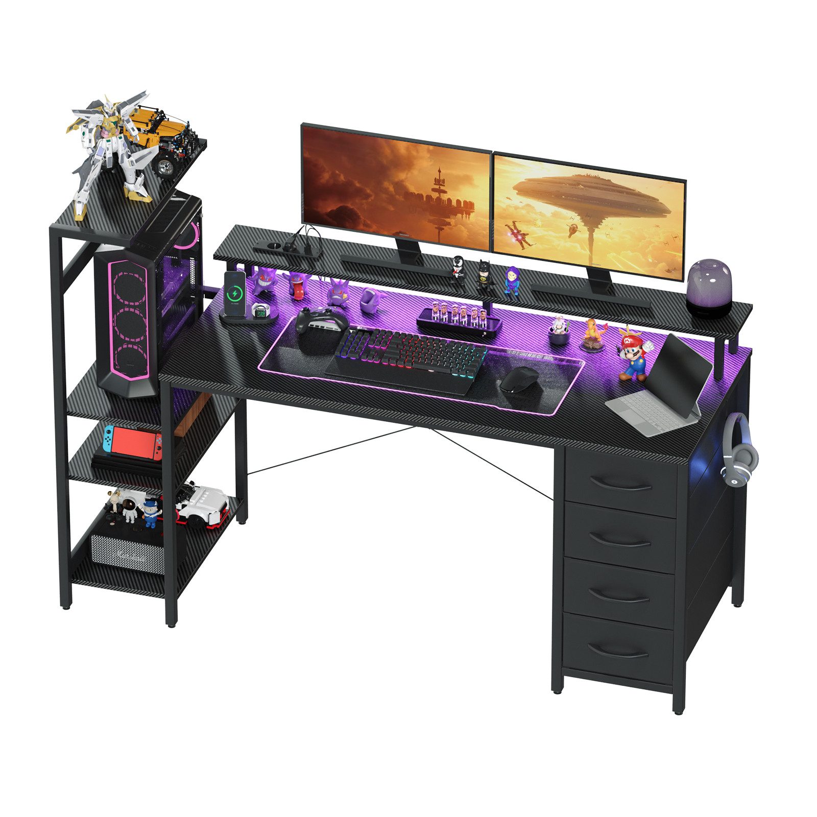YOUDENOVA Gamingtisch mit LED-Beleuchtung & Steckdose, Computertisch, Schreibtisch (1-St), mit Schubladen & Carbon Fiber, 150x48x114cm