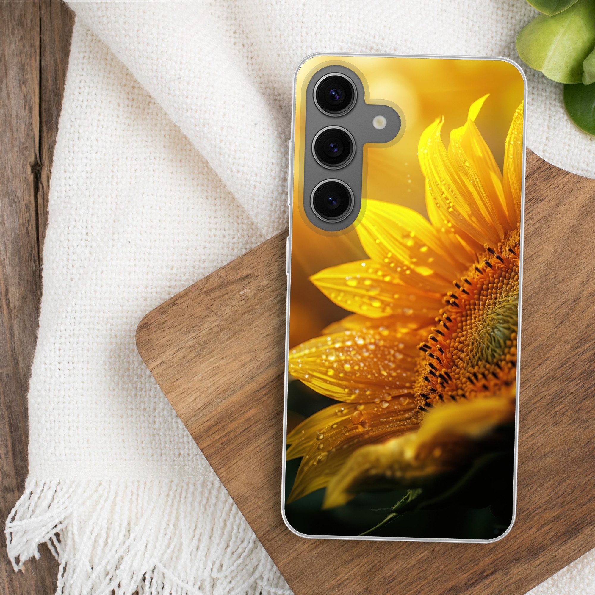 MuchoWow Handyhülle für Samsung Galaxy S24 Sonnenblume - Tautropfen - Gelb - Sonnenlicht, Phone Case, Silikon, Schutzhülle Dünn