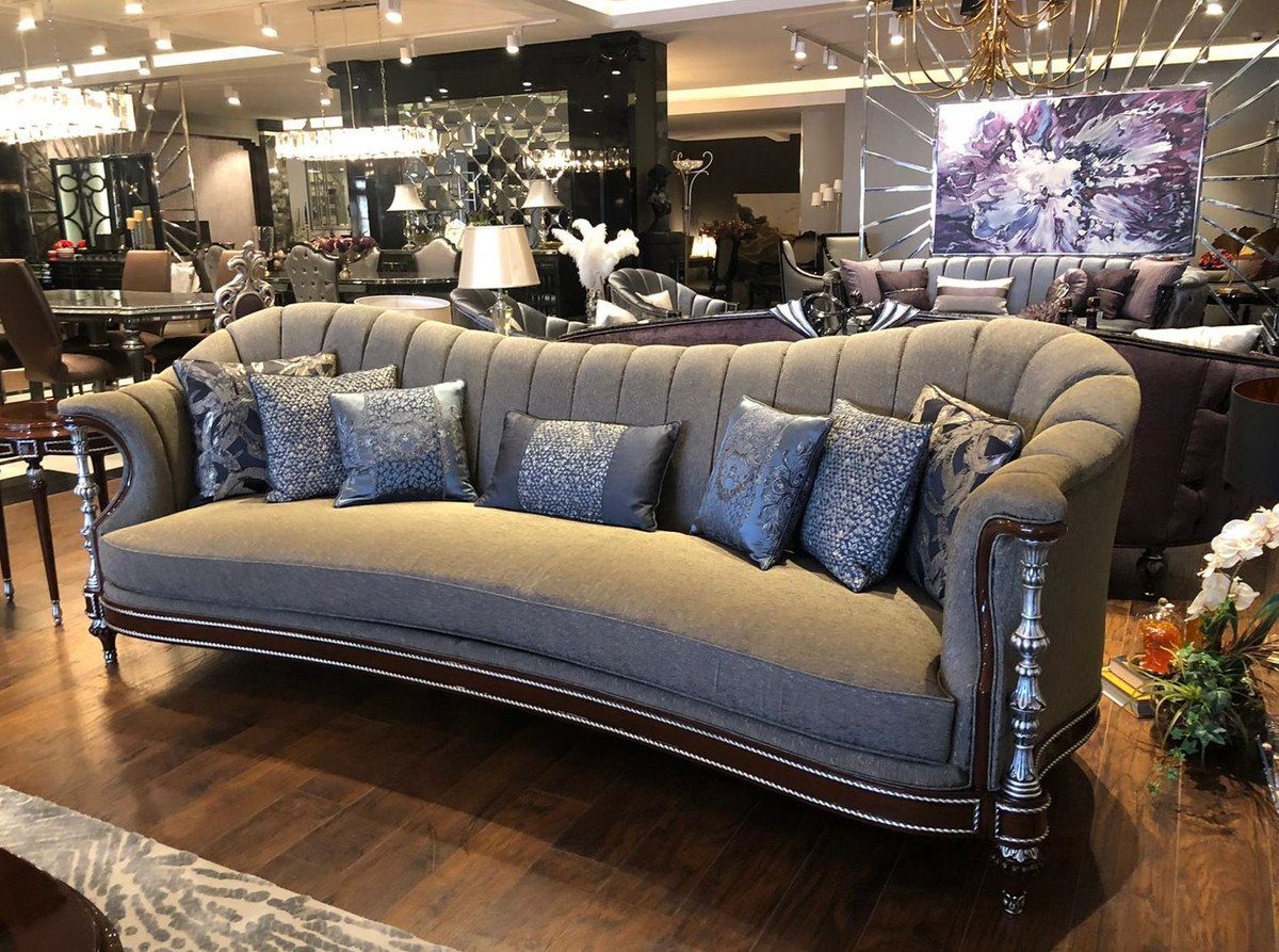 Casa Padrino x Barock 280 cm x Wohnzimmer - Möbel Braun Barockstil / Grau Sofa 90 im Sofa / 98 H. Silber & - Edel Wohnzimmer Prunkvoll Luxus