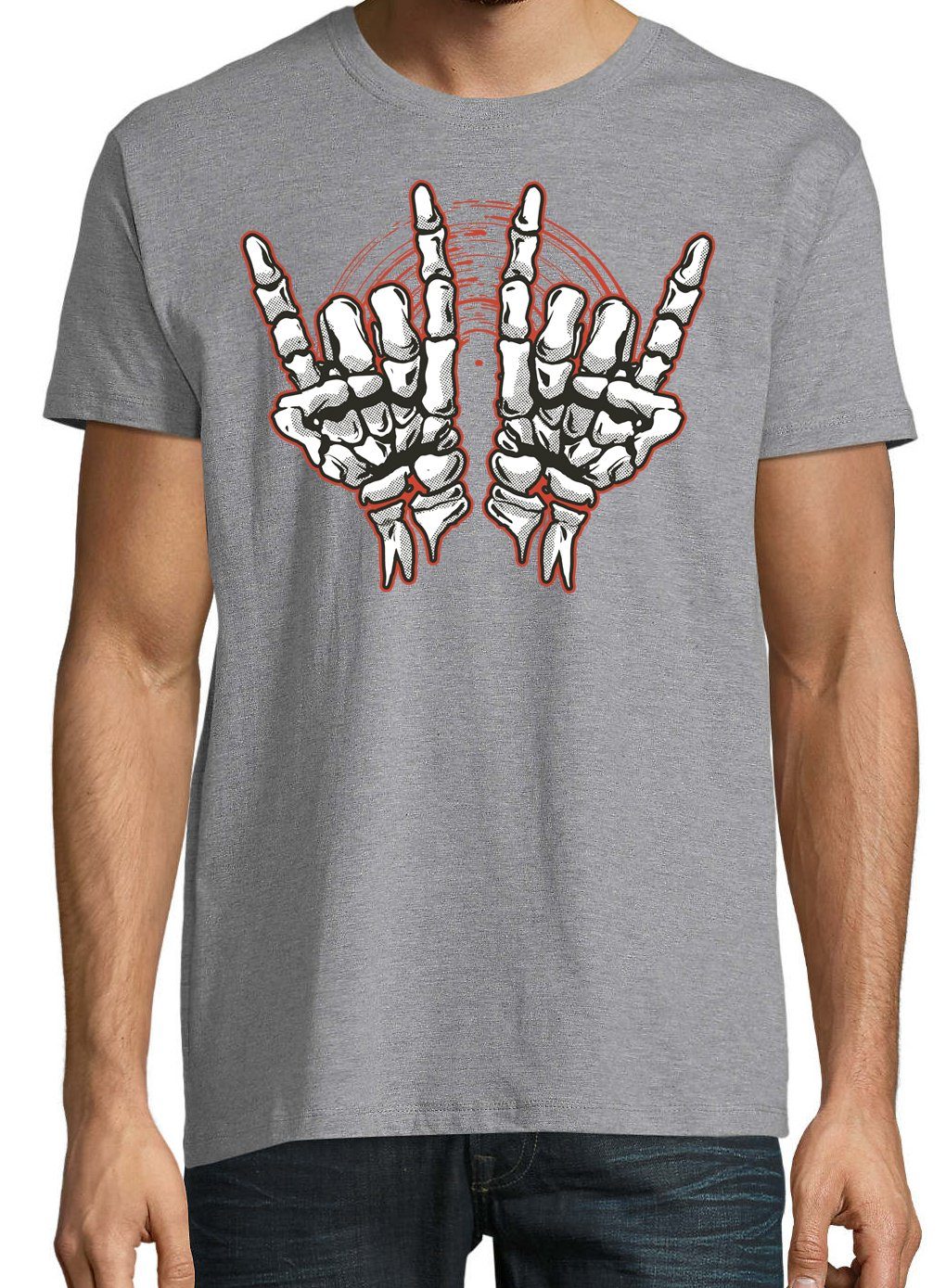 Youth Designz T-Shirt Skelett Hand Herren Frontdruck Grau Rock'n'Roll Trendigem Fun-Look Horror im mit T-Shirt