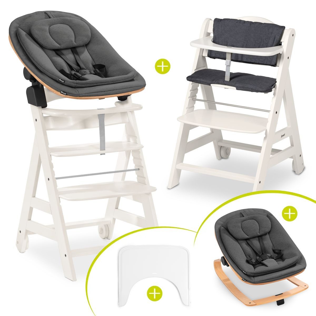 Hauck Hochstuhl Beta Plus Newborn Set Eco - White, Holz Babystuhl ab Geburt mit Neugeborenensufsatz, Sitzkissen, Essbrett