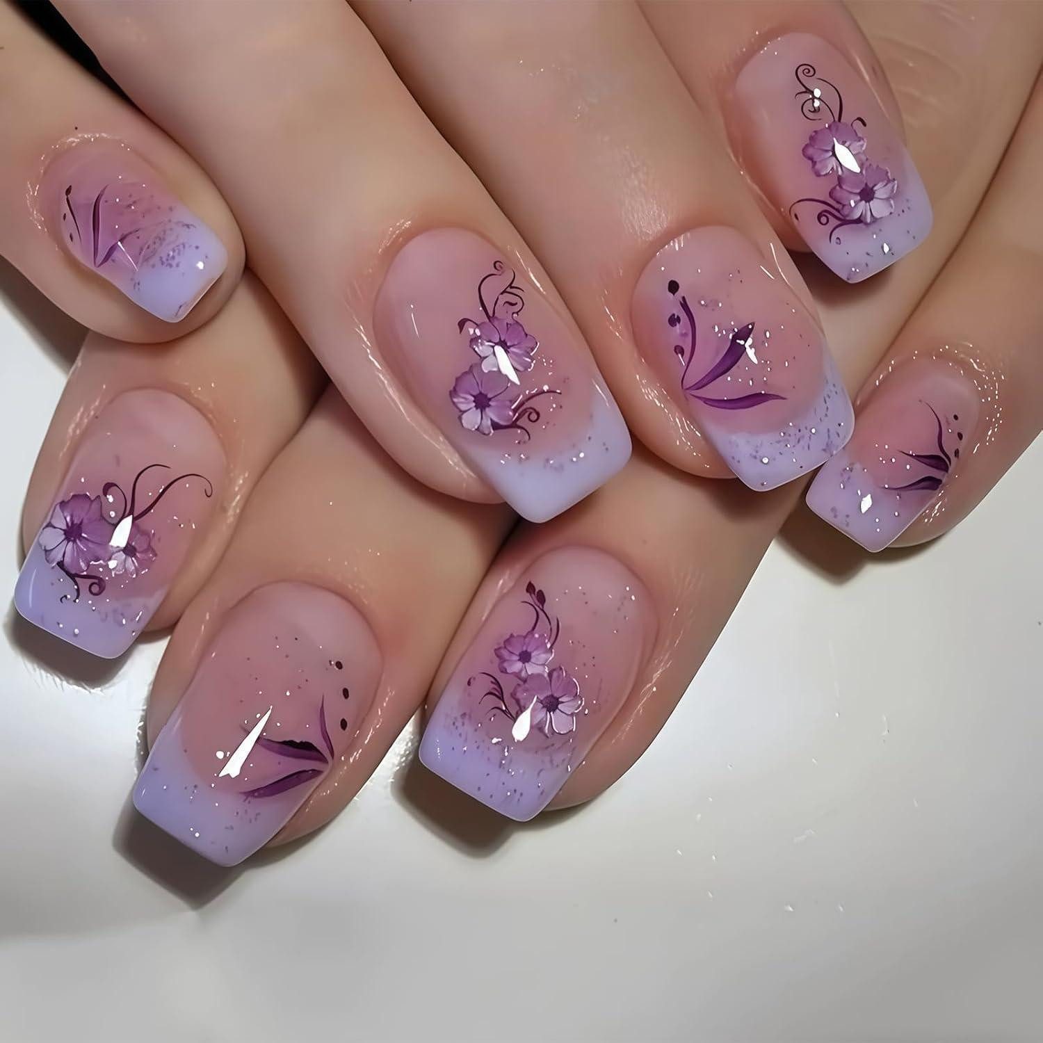 LuxusKollektion Kunstfingernägel Press On Nails 24 Stück Kurz Quadratisch French Lila Lila Blume