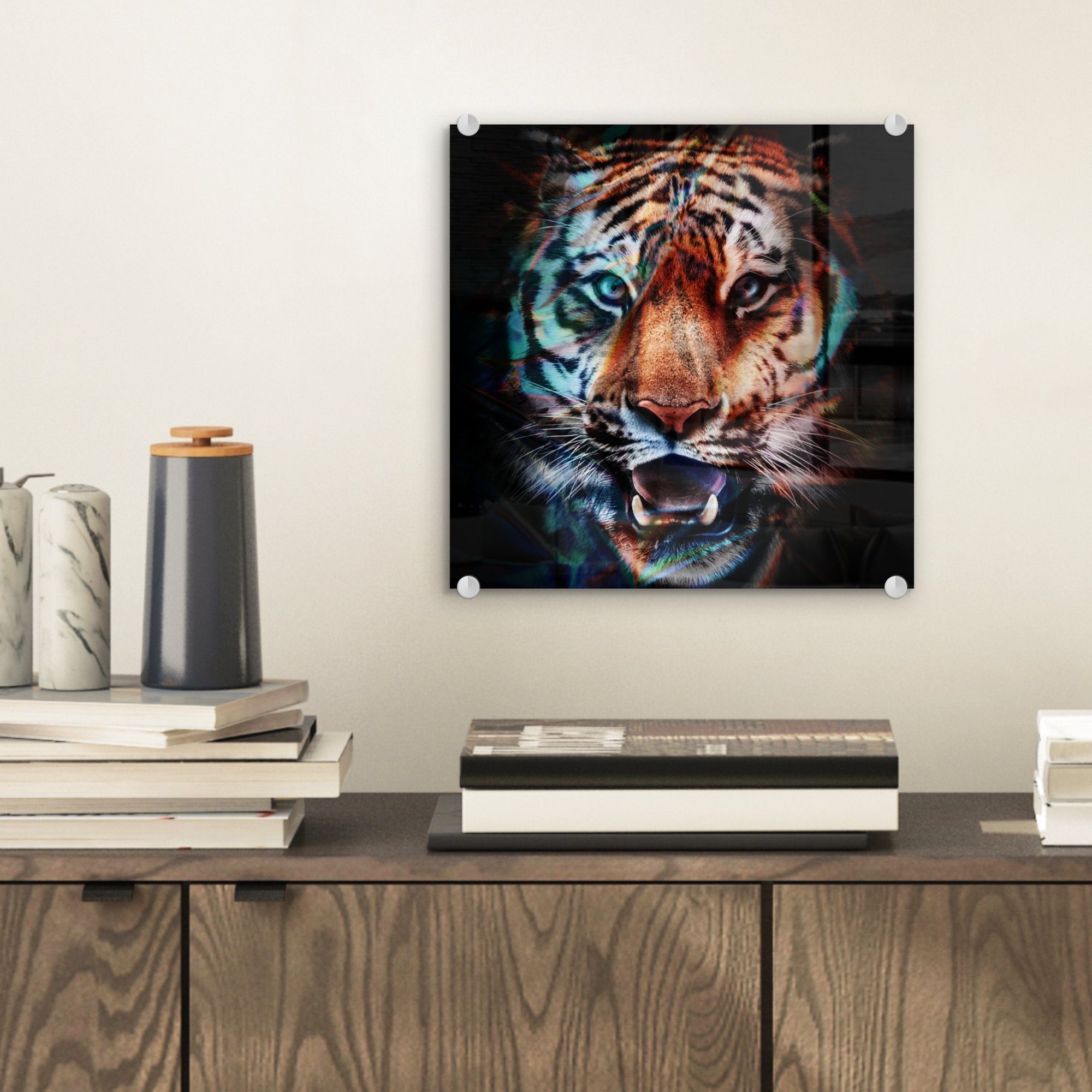 Glas - St), Tiger auf Tier, - Glasbilder Farben MuchoWow Wandbild - Bilder (1 auf Acrylglasbild Foto Glas - - Wanddekoration