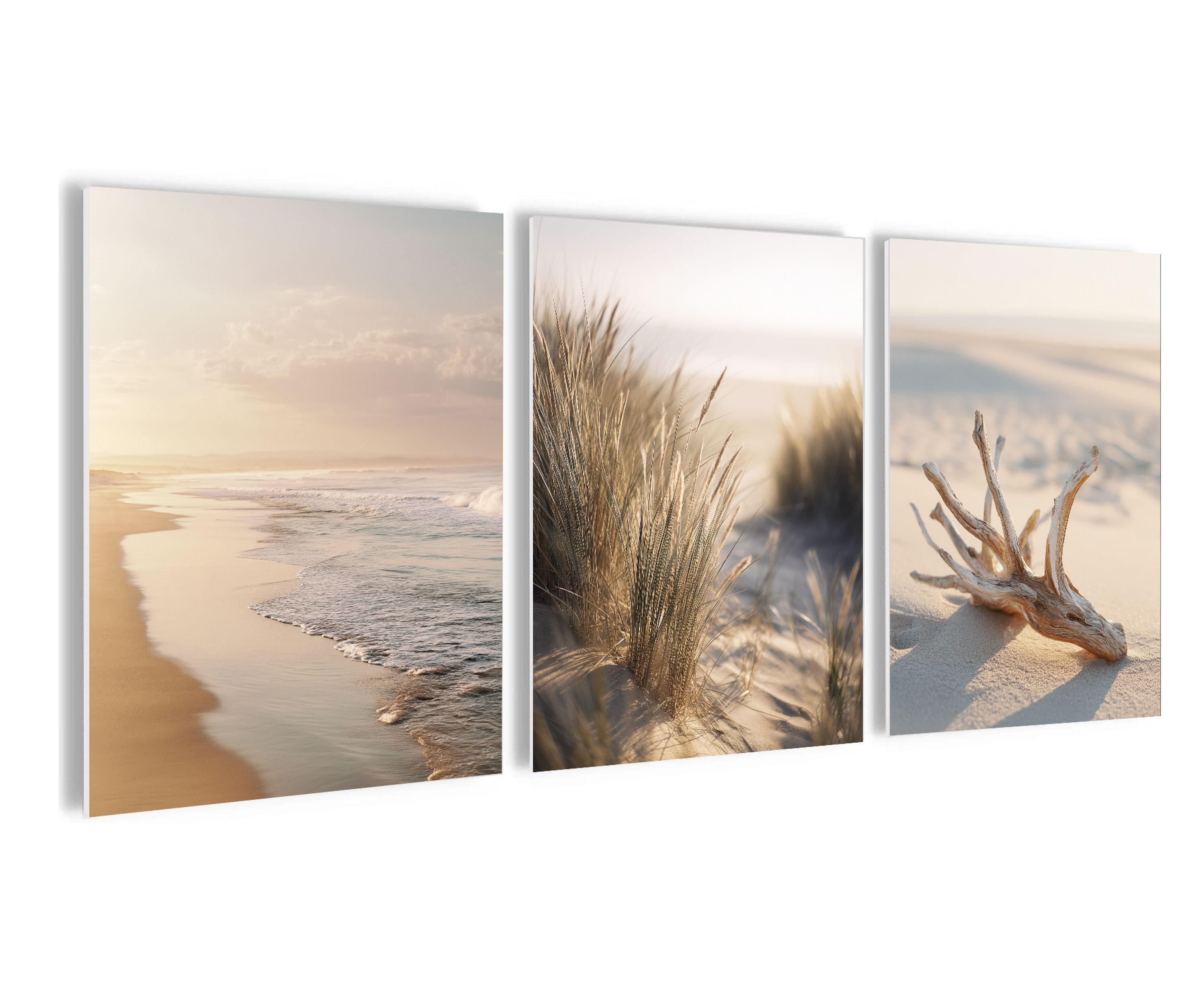 artissimo Mehrteilige Bilder Wandbilder-Set 3er-Set / maritime Wanddeko / Wohnzimmer, Strand und Meer: Dünengras und Strandlandschaft in beige