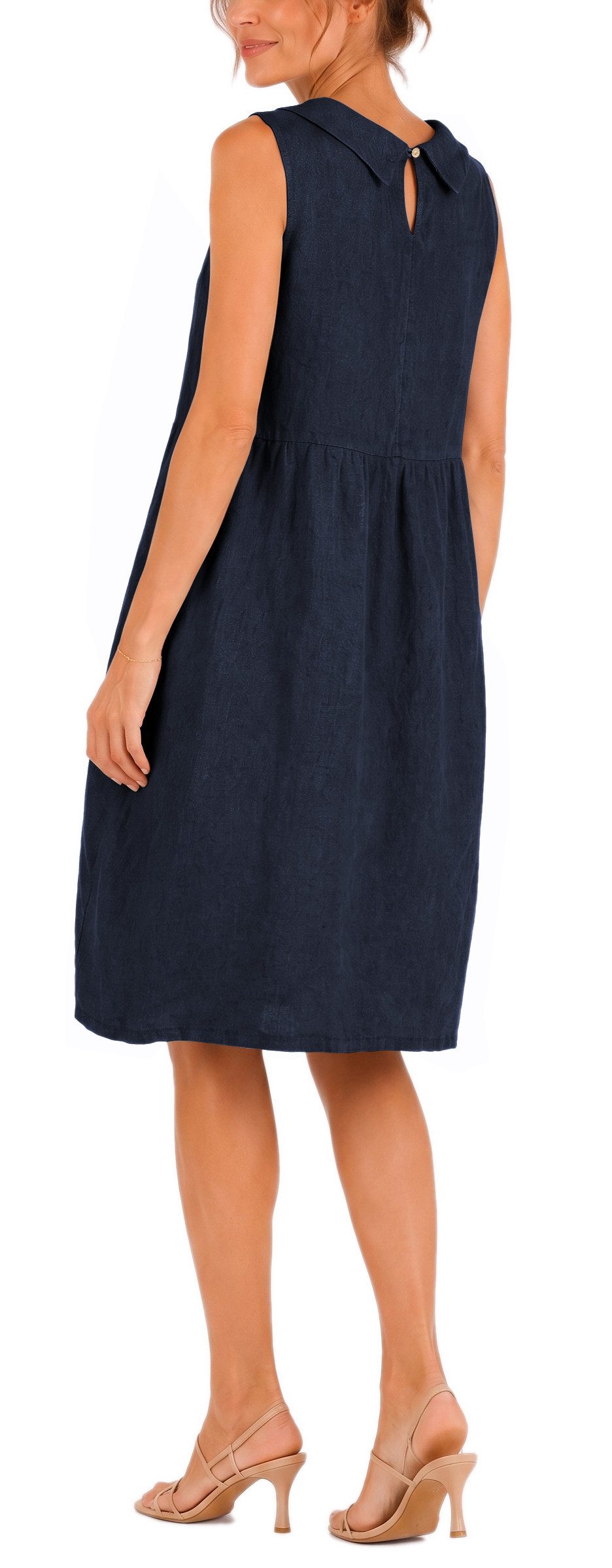 dy_mode Midikleid Damen Leinenkleid Luftiges Midi Sommerkleid Ballonkleid Strandkleid in Unifarbe, Wasserfallkragen, mit seitlichen Eingriffstaschen – Bild 3 von 5