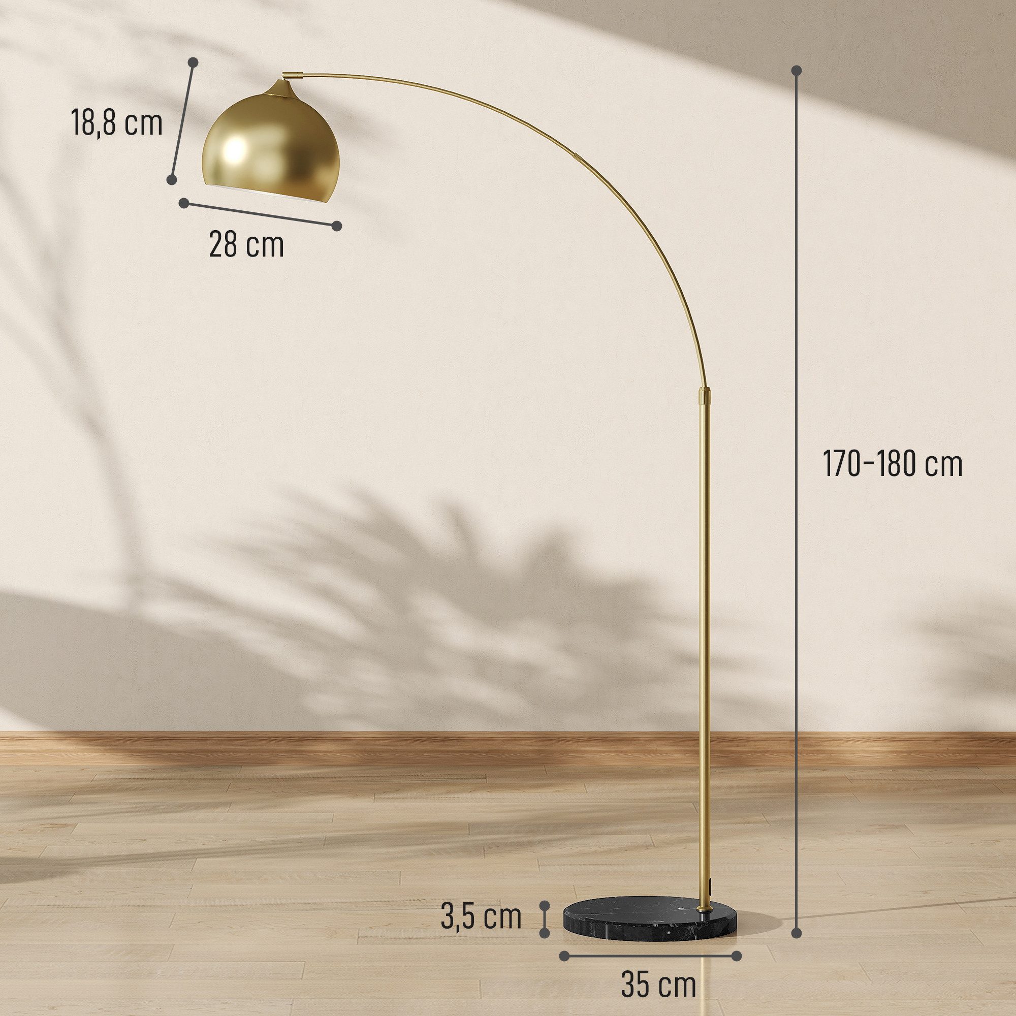 HOMCOM Stehlampe Stehleuchte höhenverstellbar, schwenkbar Bogenlampe, Ein-,Ausschalter, ohne Leuchtmittel, klassische, höhenverstellbare Standlampe