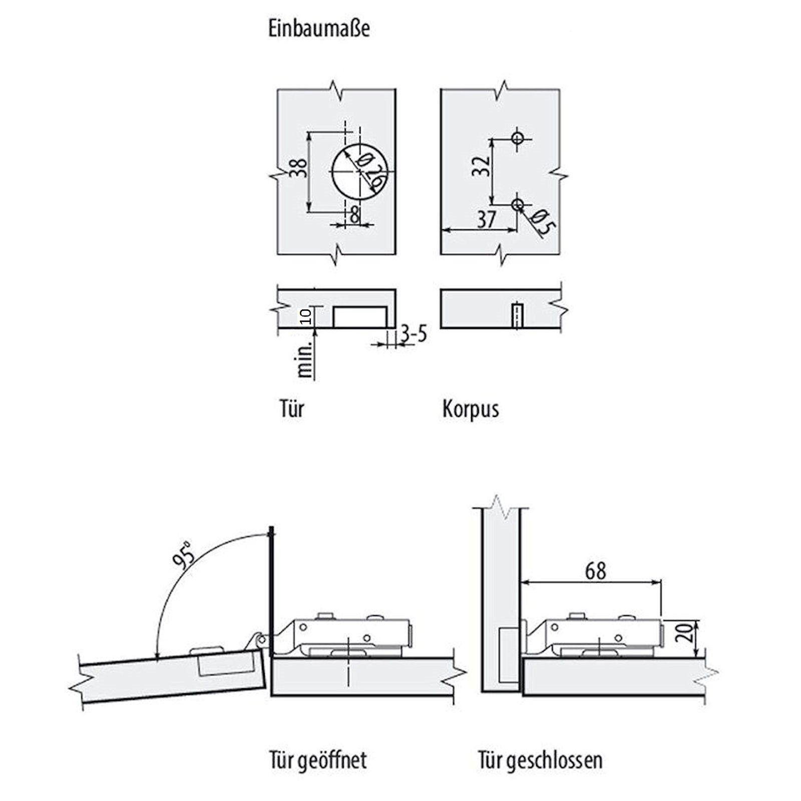 SO-TECH® Möbelbeschlag Topfband Clip Minischarnier Schließautomatik Eckanschlag (1 St), mit 95° mit Kreuzmontageplatte