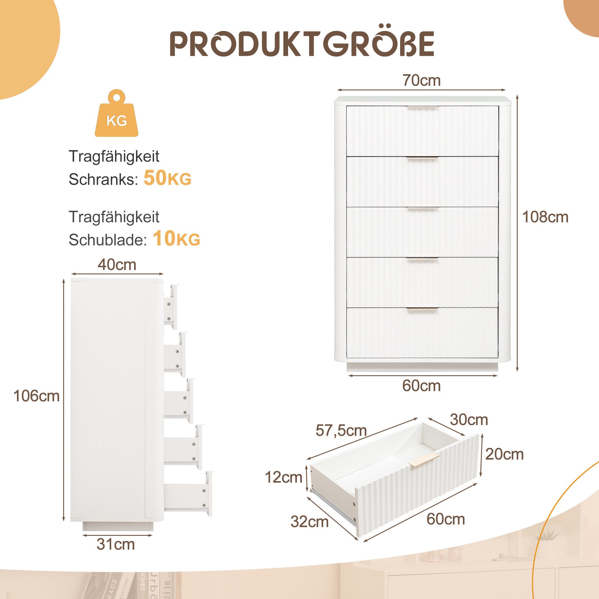 Thanaddo Sideboard Moderner weißer Aufbewahrungsschrank/Nachttisch mit Metallgriffen – Bild 3 von 5