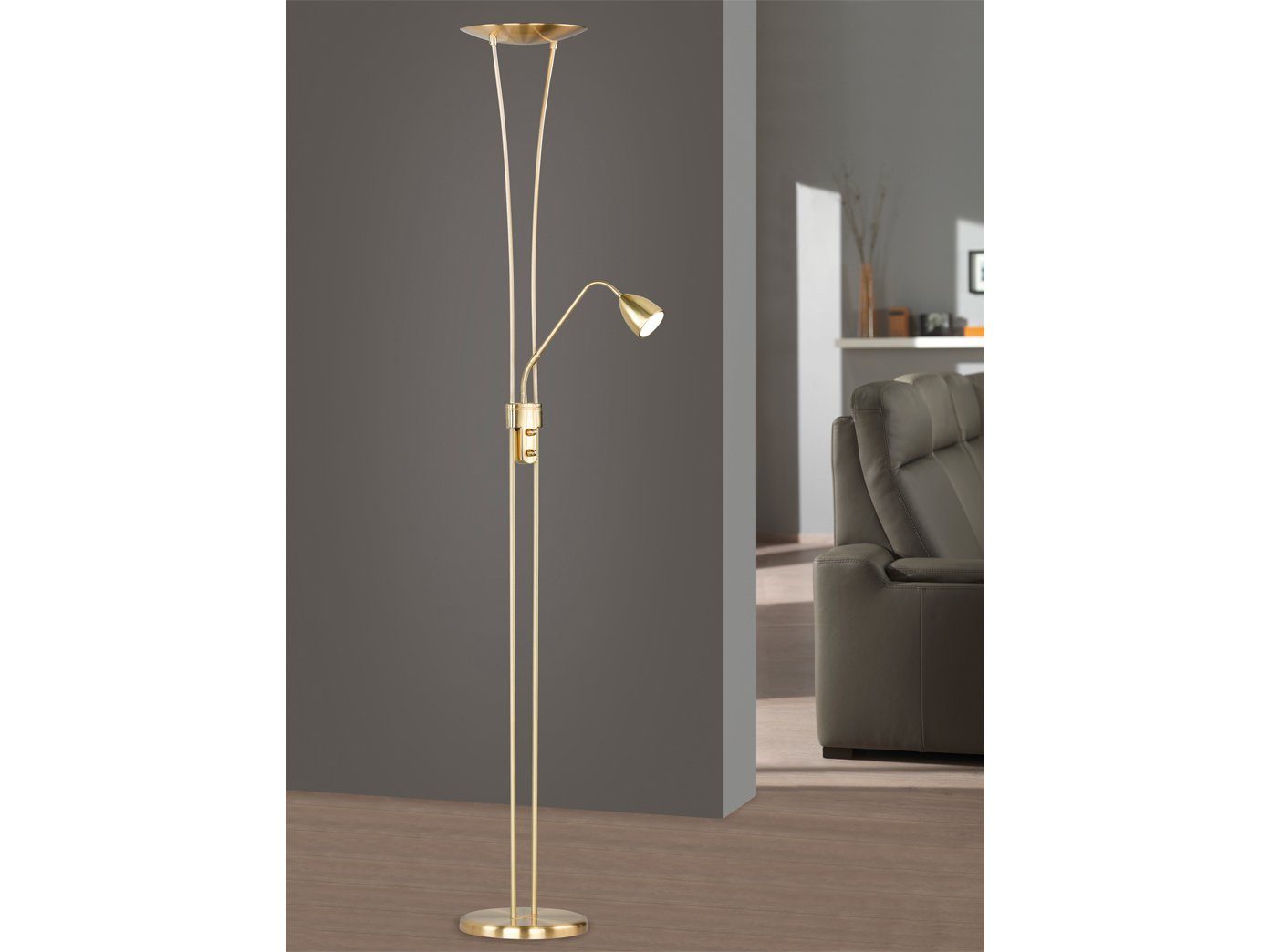 TRIO LED Stehlampe, Dimmer, LED fest integriert, Warmweiß, Große-r  Deckenfluter dimmbar mit Leselampe Gold-en Ecke, Höhe 180cm
