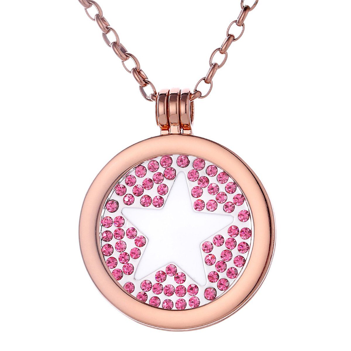 Morella Kette mit Anhänger Halskette 70 cm roségold mit Coin Amulett 33 mm (2-tlg), Kette inkl. austauschbarem Coin, roségold, im Samtbeutel pink Zirkonia und Sterne