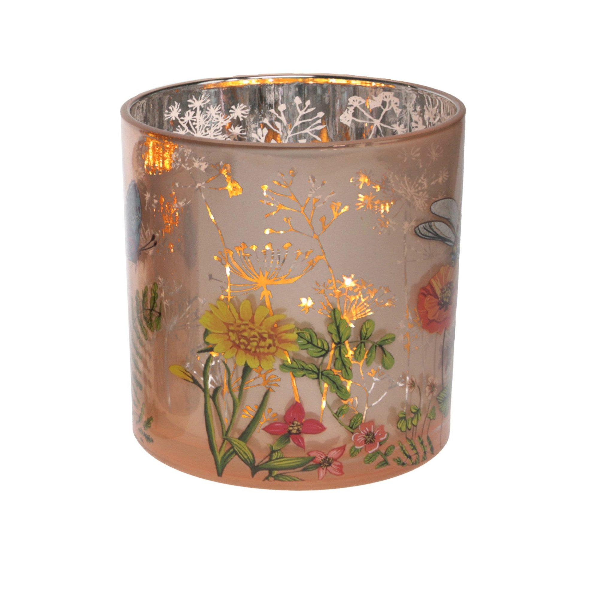 finehomegarden Windlicht Teelichtglas mit Blumen Dekor Teelichterhalter bunt Ø15cm H15cm (1 St), Торшеры Glas Blumenwiese