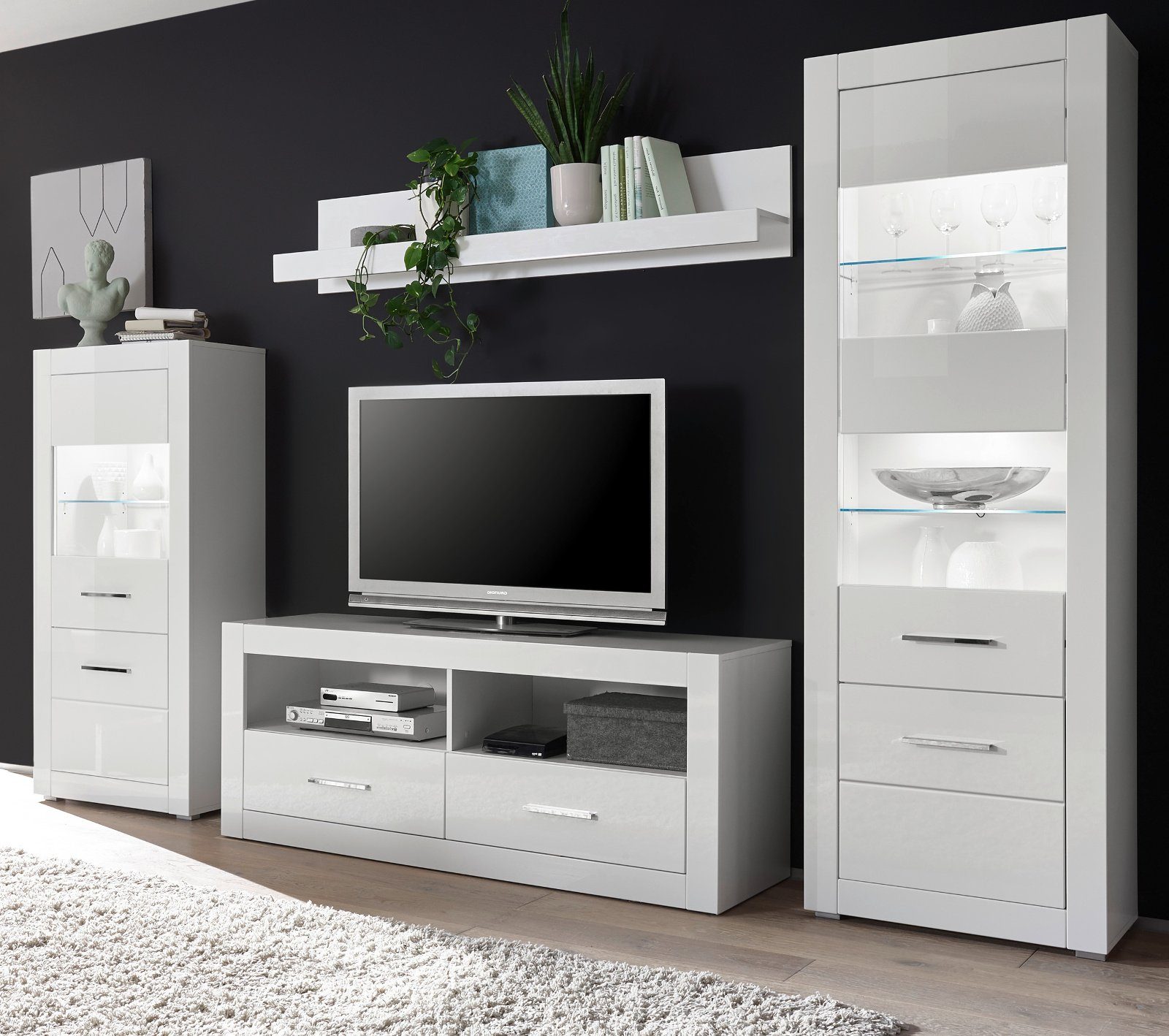 Furn.Design Wohnwand Carrara, (Wohnzimmer Set 4-teilig in weiß Hochglanz, ca. 300 x 198 cm), mit viel Stauraum