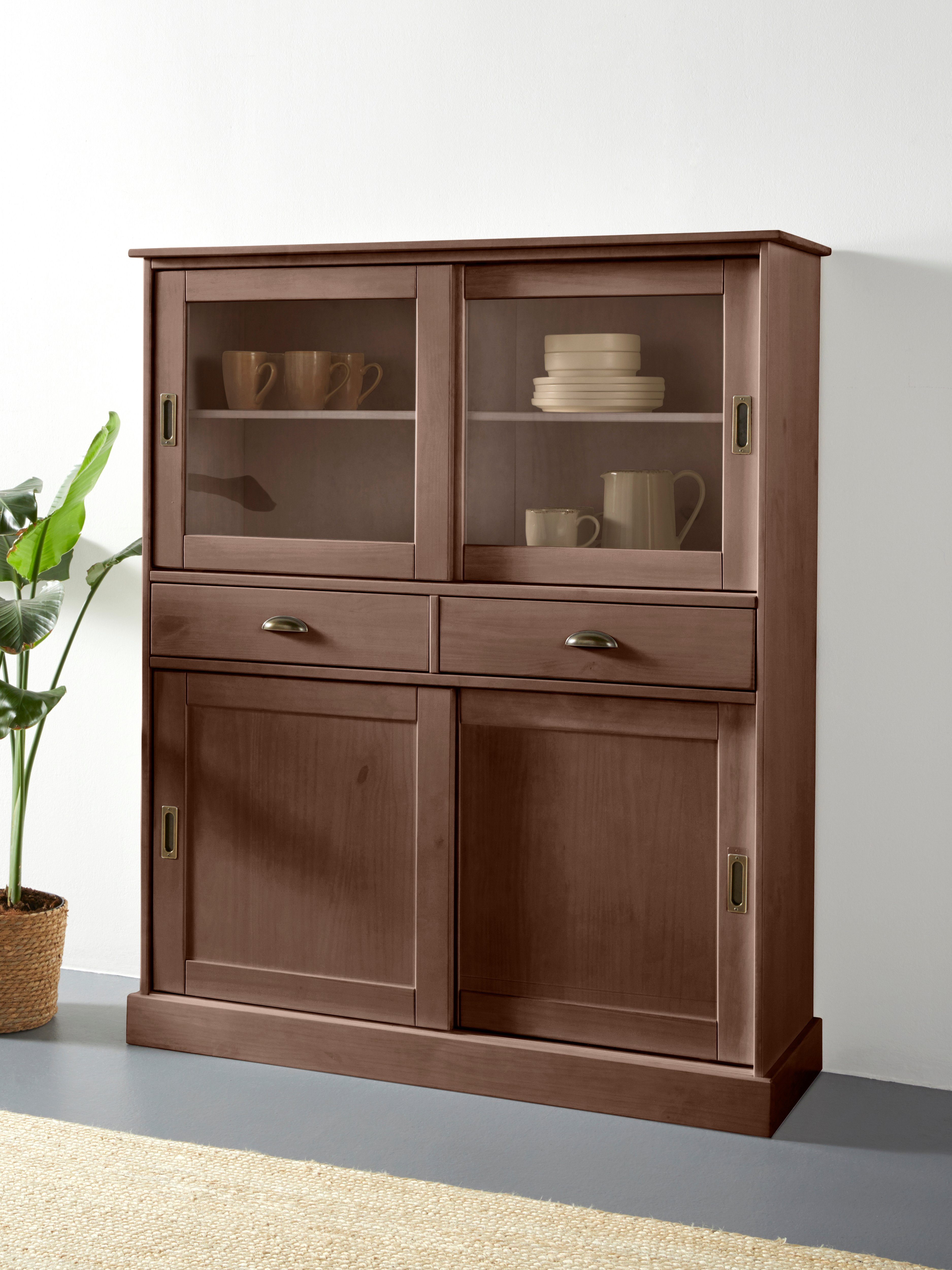 Home affaire Highboard Schröder, mit 2 Glas- u. 2 Holztüren, 2 Schubkasten, aus massivem Kiefernholz