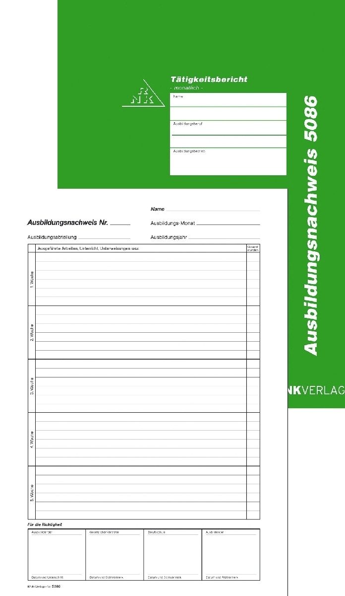 Formularblock Ausbildungsnachweis für monatliche Eintragung Block A4 24 Blatt
