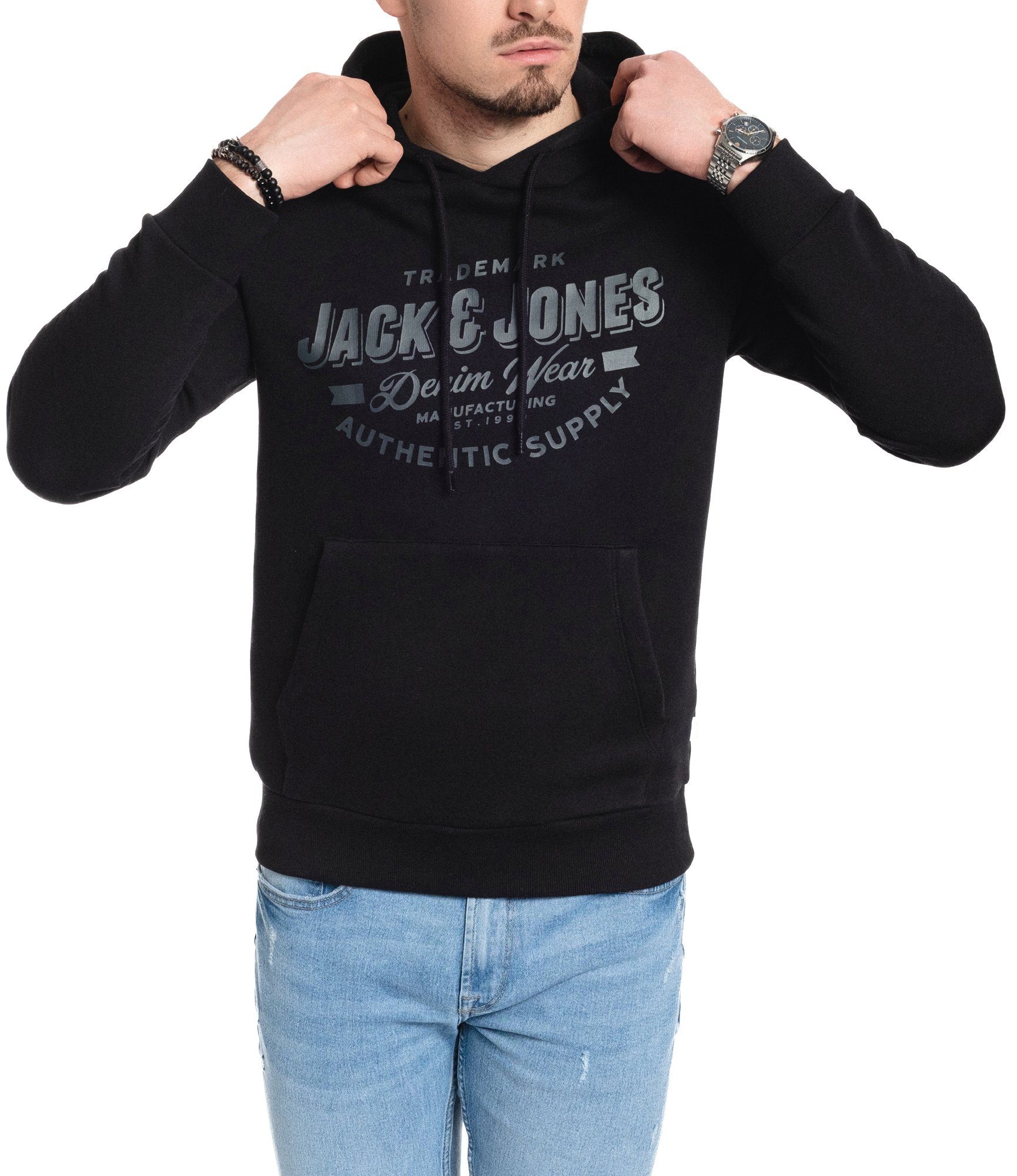 Kapuzensweatshirt mit Jack unifarben, mit & Kapuze Kängurutasche, Black-Asphalt Logodruck, Jones mit