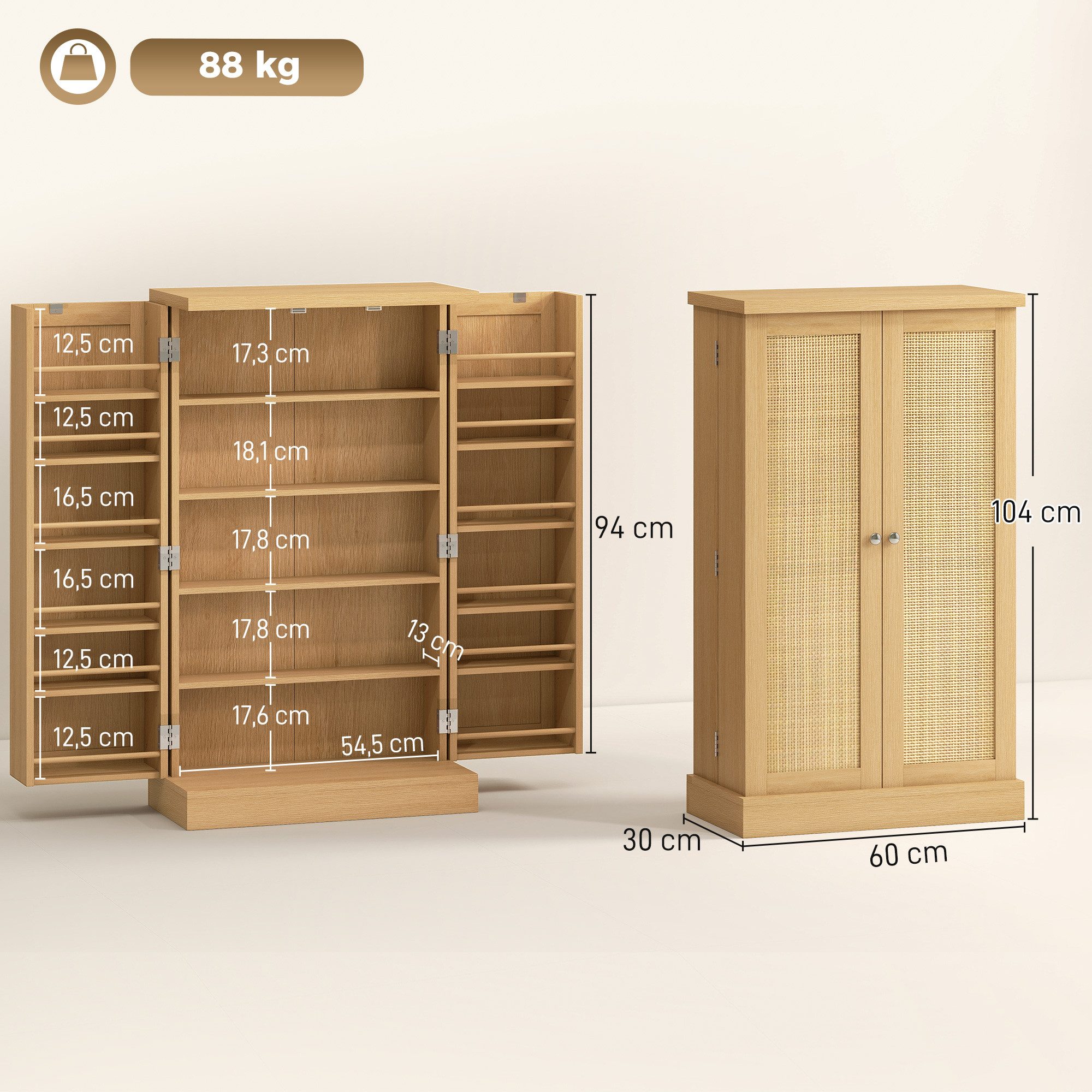 HOMCOM Hochschrank Mehrzweckschrank mit 2 Türen, Vitrinenschrank mit Rattanoptik (Küchenschrank, 1-St., Küchenbuffet) für Wohnzimmer, Küche 60 x 30 x 104 cm