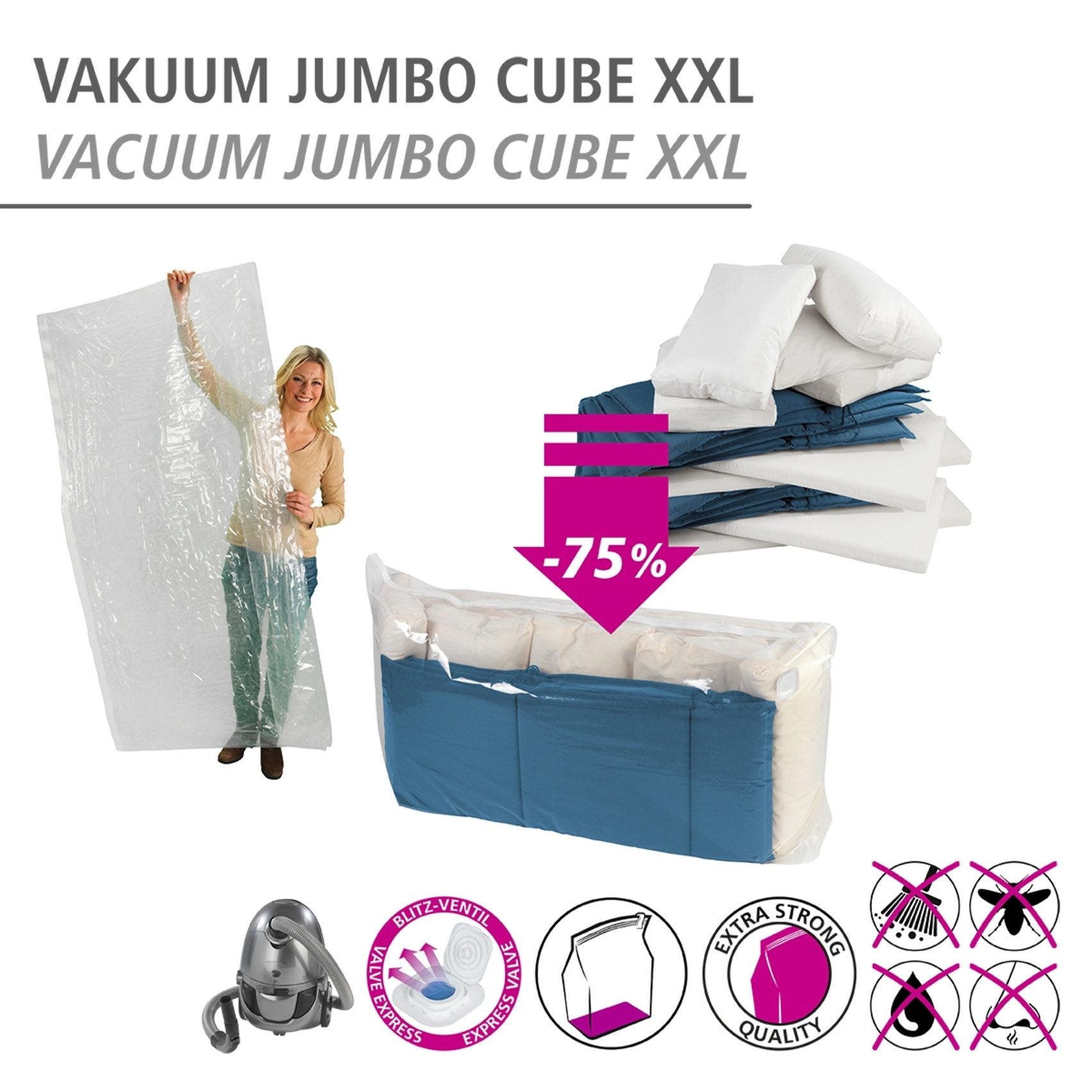 WENKO Vakuumierbeutel Vakuum Jumbo Cube XXL, extra großer Vakuumbeutel für Kleidung, Gartenpolster & Bettdecken