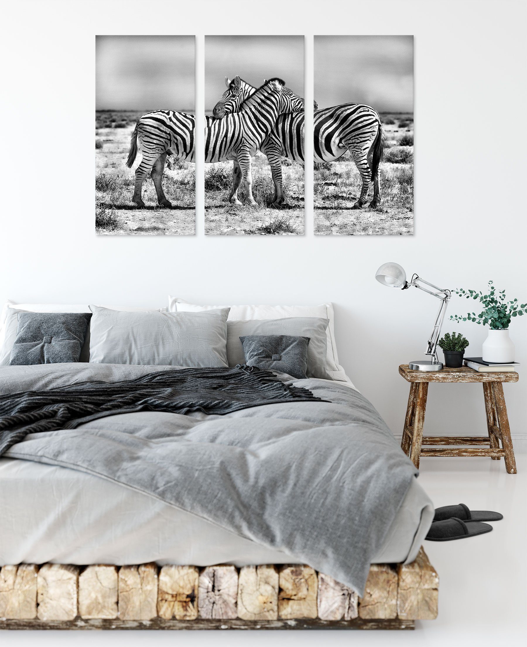 Leinwandbild Leinwandbild bespannt, Schmusende St), (120x80cm) inkl. Zebras Schmusende (1 3Teiler Pixxprint Zebras, Zackenaufhänger fertig