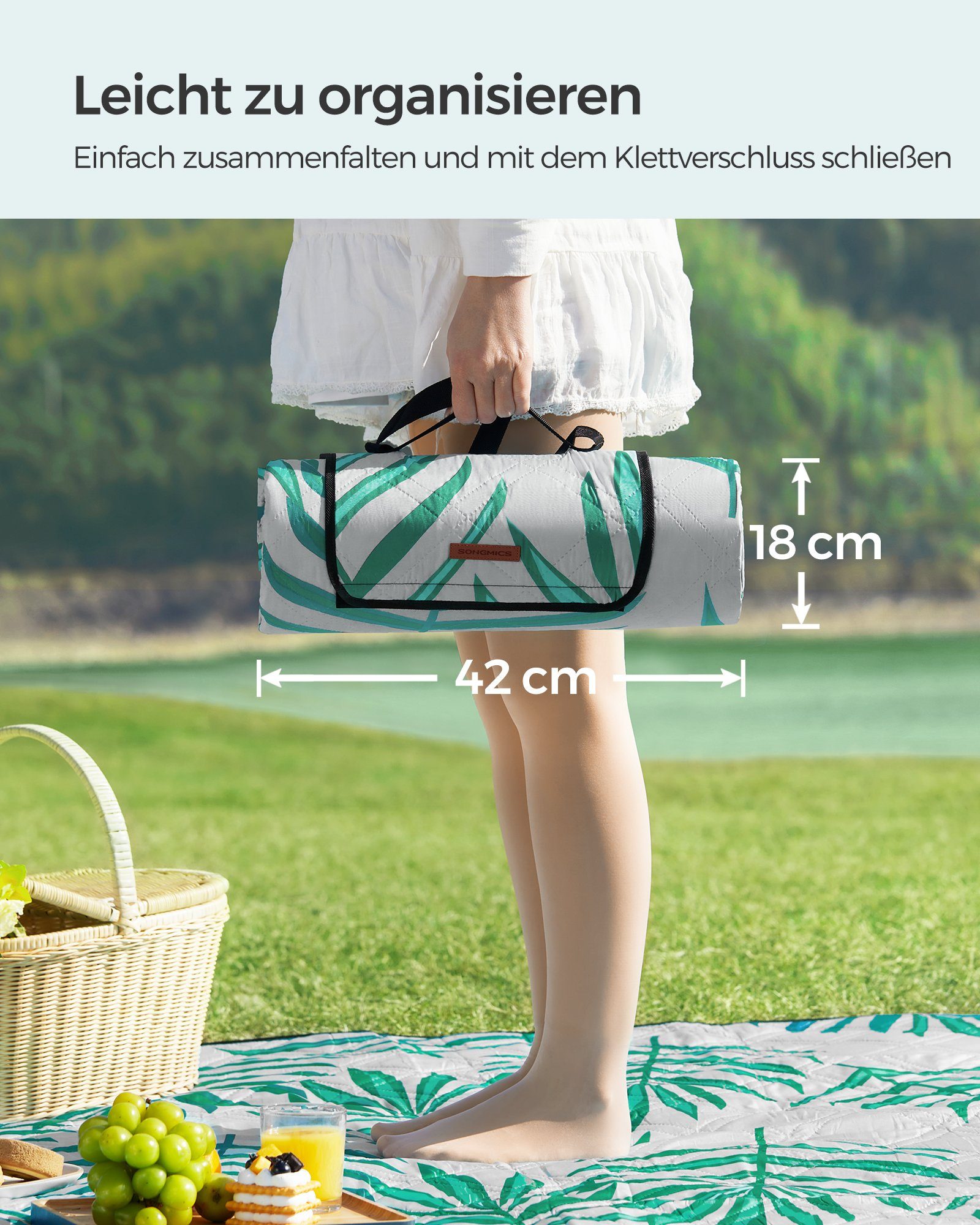 Picknickdecke 200 x 200 cm, groß, Campingdecke, für Park, Garten, Strand, SONGMICS, wasserdicht, maschinenwaschbar, faltbar, grau mit tropischem Farn