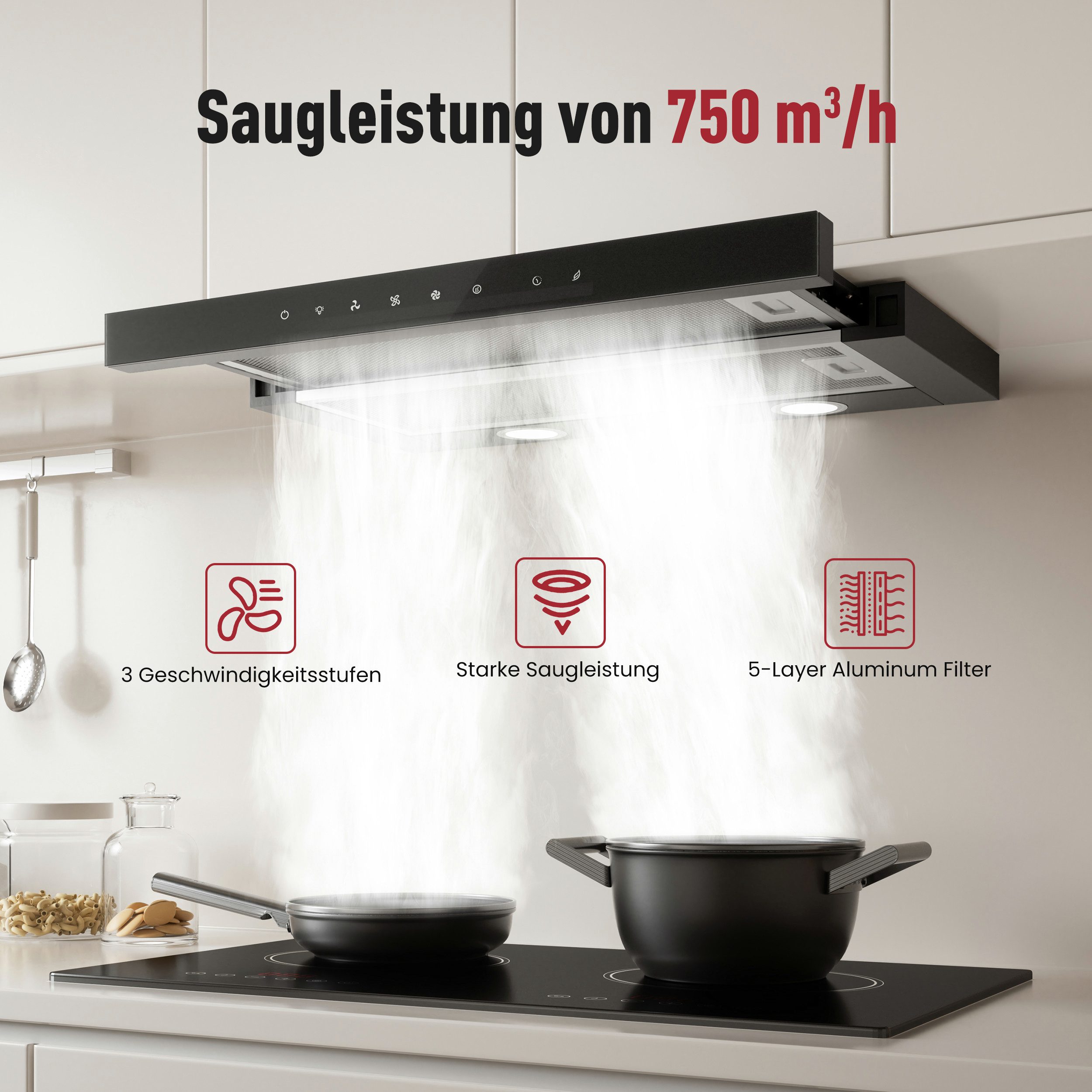 Levivo Flachschirmhaube A+++ 750 m³/h Dunstabzugshaube 60cm Umluft & Abluft A+++ 750 m³/h Dunstabzugshaube 60cm Umluft & Abluft, Aktivkohlefiltern, Fettfiltern, LED-Beleuchtung