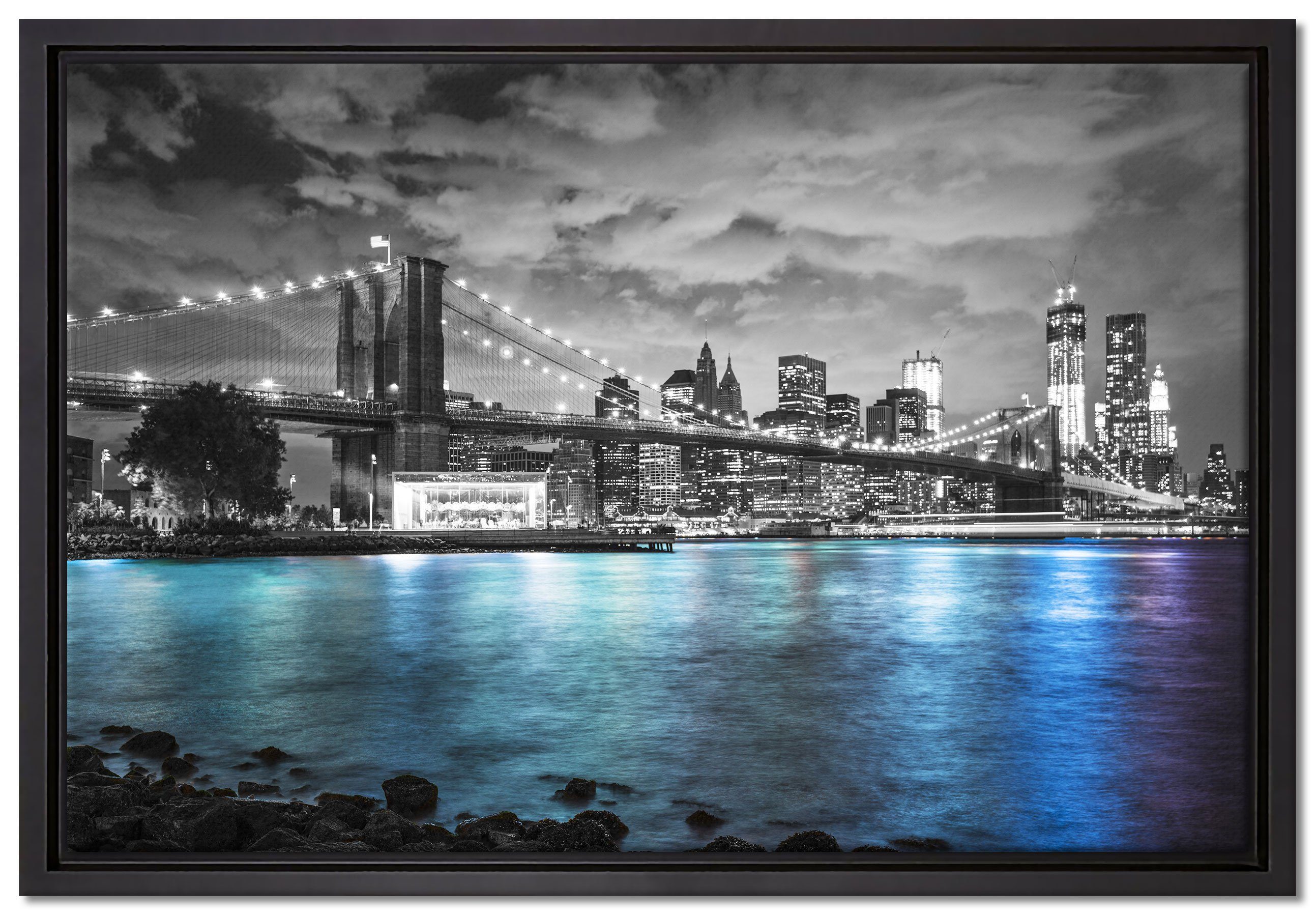 Pixxprint Leinwandbild New York Skyline, Wanddekoration (1 St), Leinwandbild fertig bespannt, in einem Schattenfugen-Bilderrahmen gefasst, inkl. Zackenaufhänger