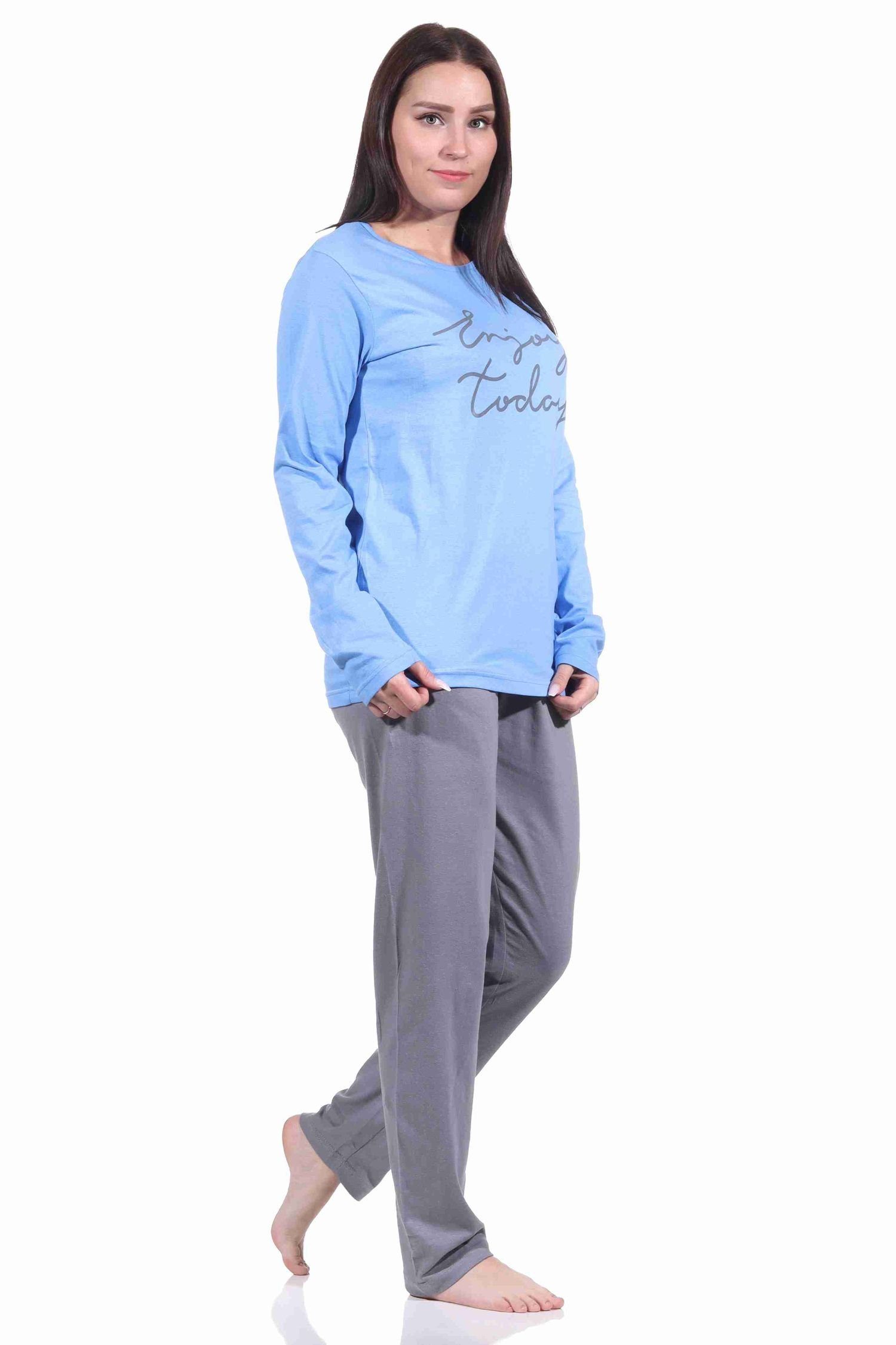 blau lang Schlafanzug Damen Frontprint 212 10 by Pyjama 902 mit RELAX - Normann