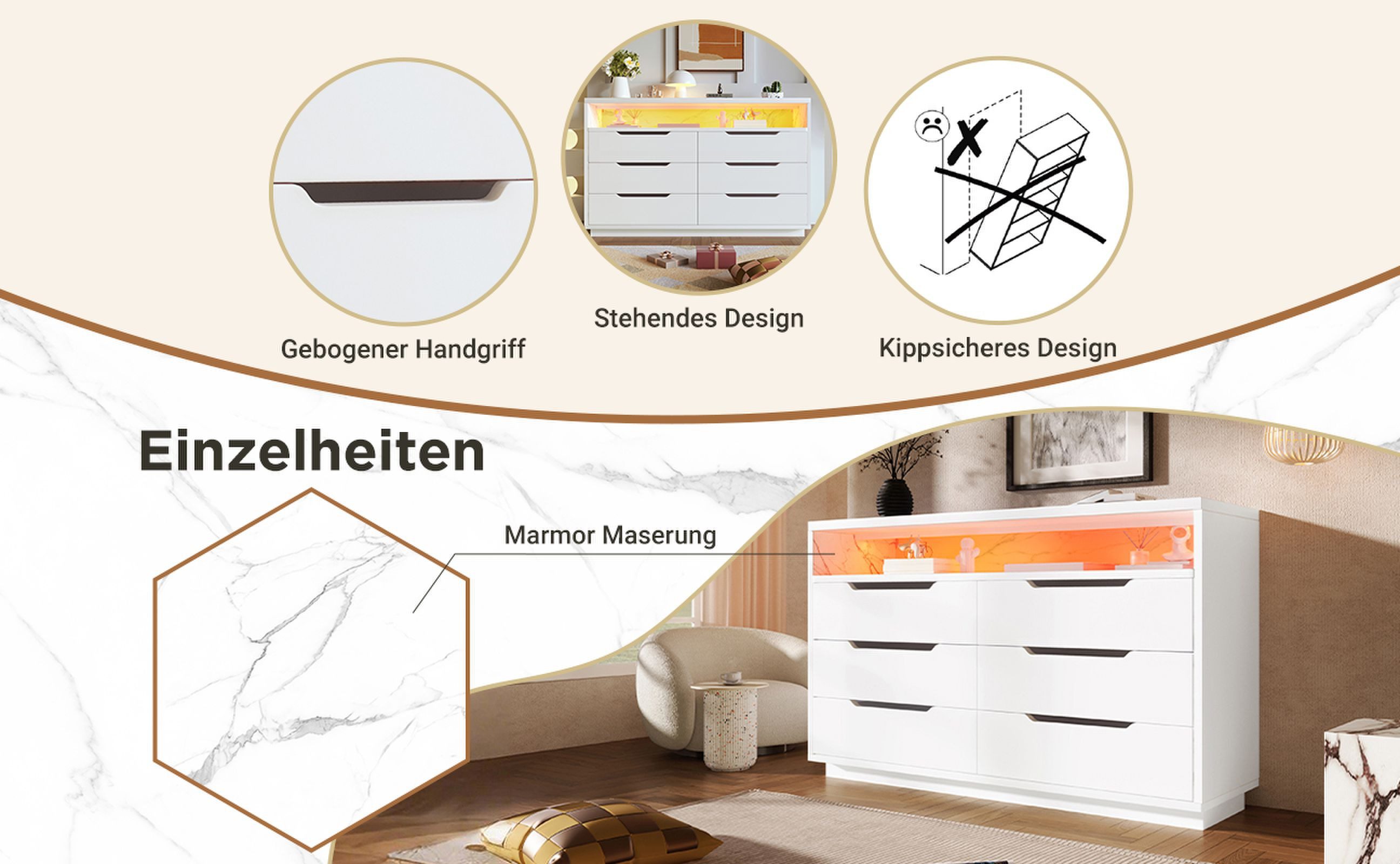 BlingBin Kommode Sideboard für Wohnzimmer und Schlafzimmer (1 St., Staufach mit Marmorkorn, 120x40x85cm, Weiß), mit LED-Beleuchtung und 6 Schubladen – Bild 3 von 5