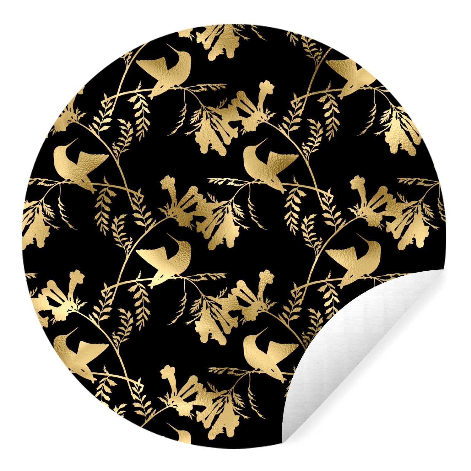 MuchoWow Wandsticker Muster - Vögel - Gold (1 St), Tapetenkreis für Kinderzimmer, Tapetenaufkleber, Rund, Wohnzimmer