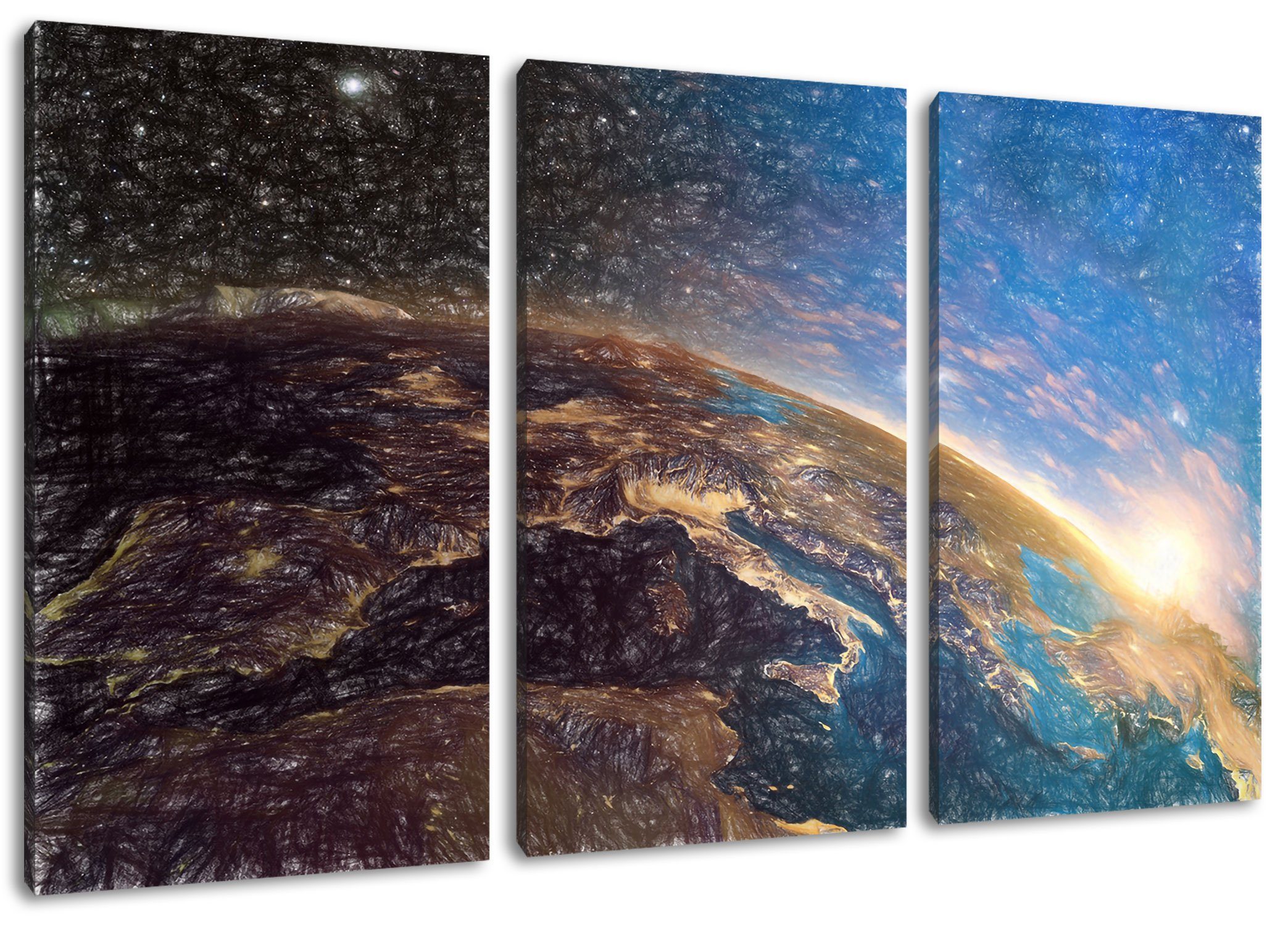 3Teiler fertig Zackenaufhänger Pixxprint (1 Weltall, Erde Erde inkl. St), im (120x80cm) Leinwandbild bespannt, im Leinwandbild Weltall