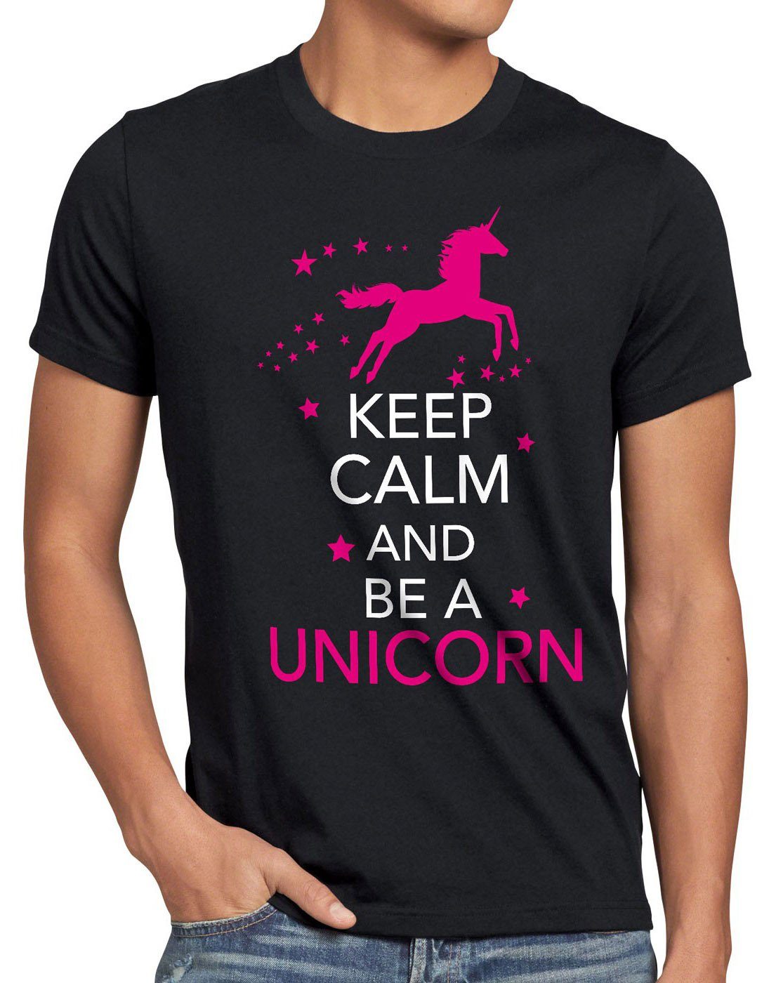 style3 Print-Shirt Herren T-Shirt Keep Calm and be a Unicorn Einhorn spruch fun funshirt pferd top schwarz
