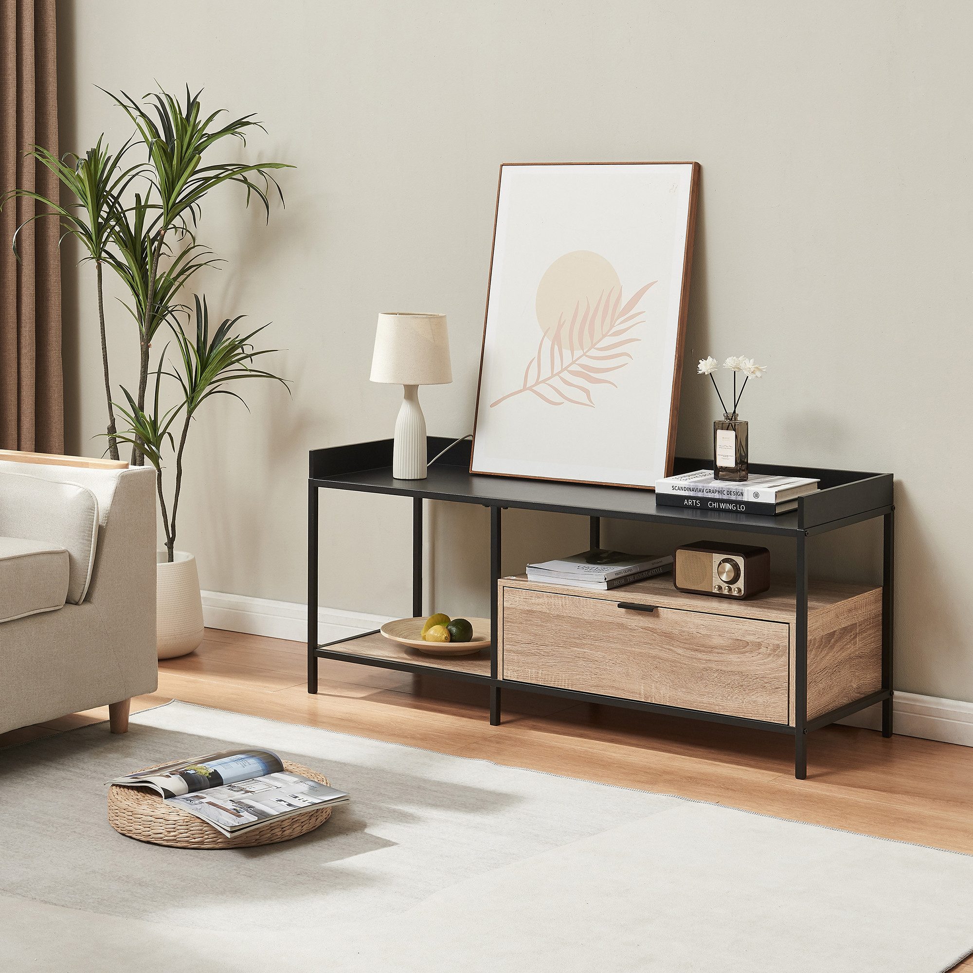 en.casa TV-Schrank »Belana« 120x40x54 cm mit Schublade Metallgestell Schwarz/Eicheoptik