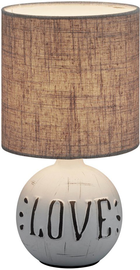 Reality Leuchten Schreibtischlampe Esna, Leuchtmittel wechselbar, E14 Tischleuchte mit LOVE-Schriftzug, Keramikfuß und Stoffschirm