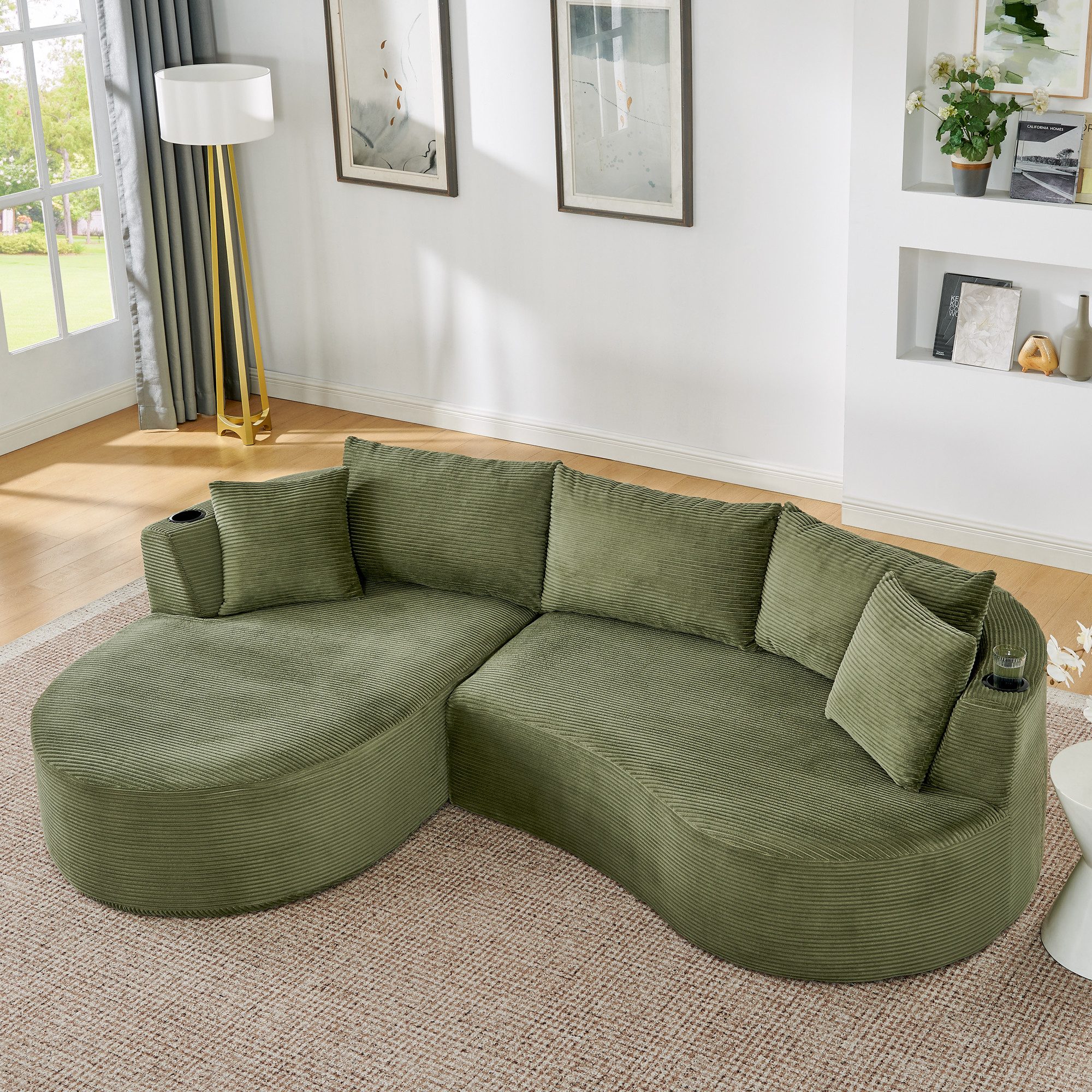 STILVORA Loungesofa mit Getränkehalter 3-Sitzer Kompressionssofa mit Kissen Cord Grün, Relaxsofa mit Bogenförmiges Design, für Wohnzimmer, Hotels, Apartments und Büros