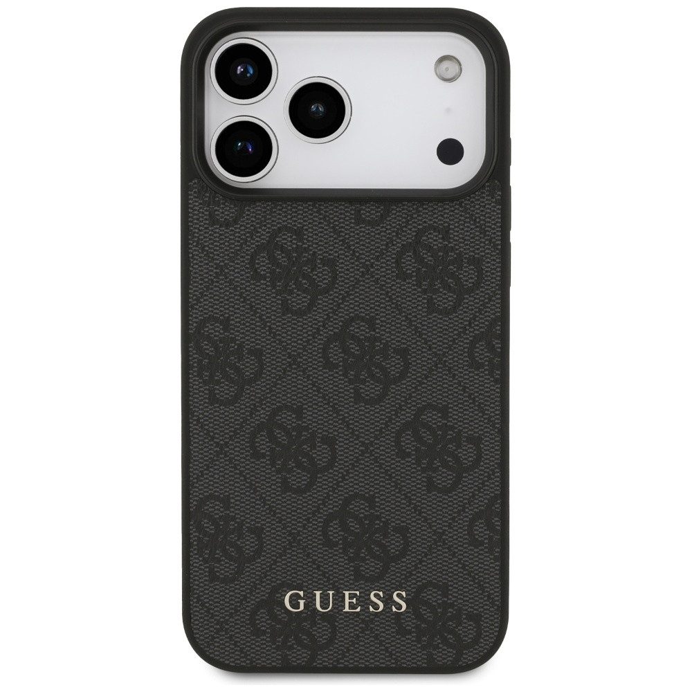 Guess Handyhülle iPhone 17 Pro Max Kunstleder grau Classic Logo goldfarben Metall 6,9 Zoll, Kantenschutz