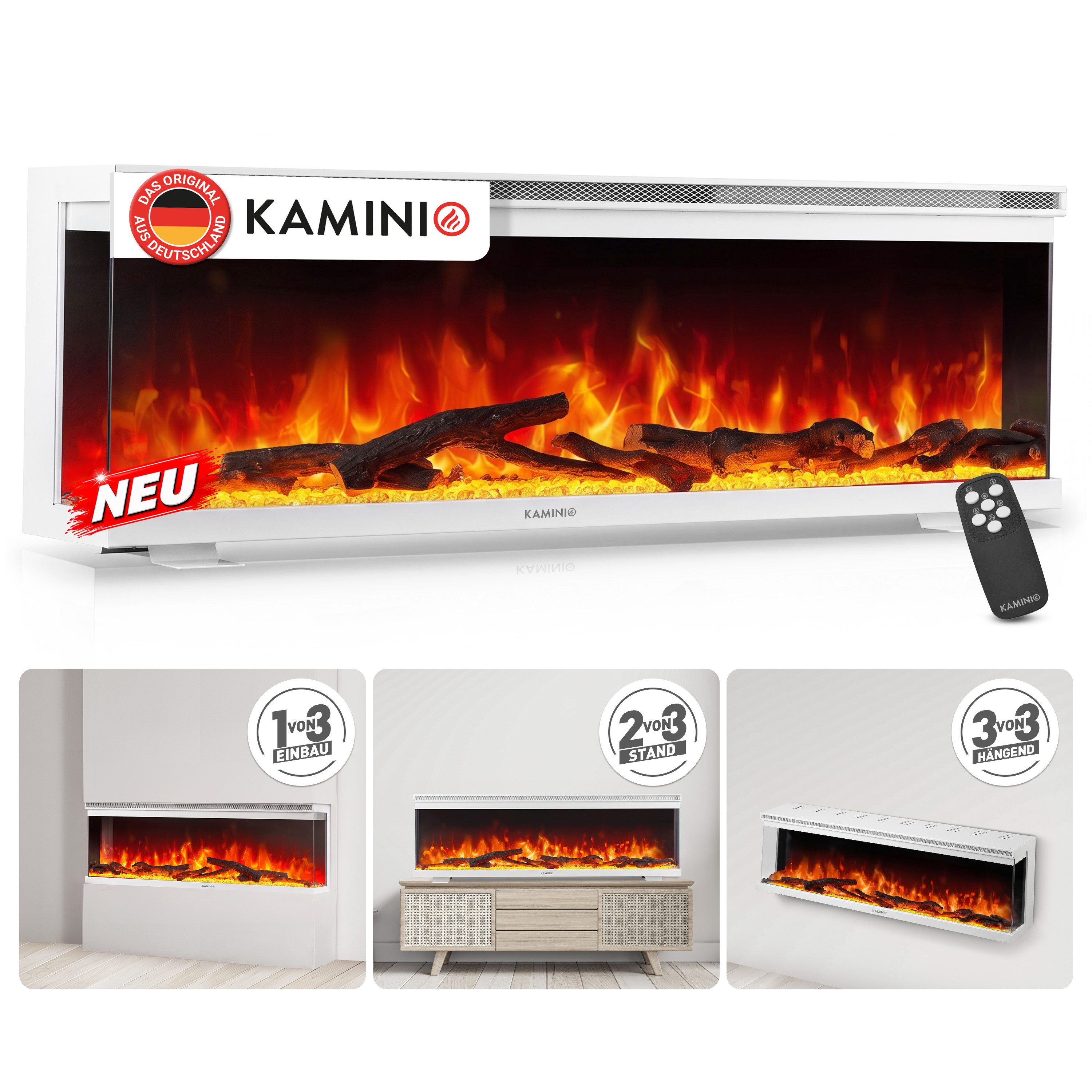 KAMINIO Elektrokamin LEA, 3in1 Kamin: Elektrischer Stand-, Wand- und Einbaukamin, Panoramaview