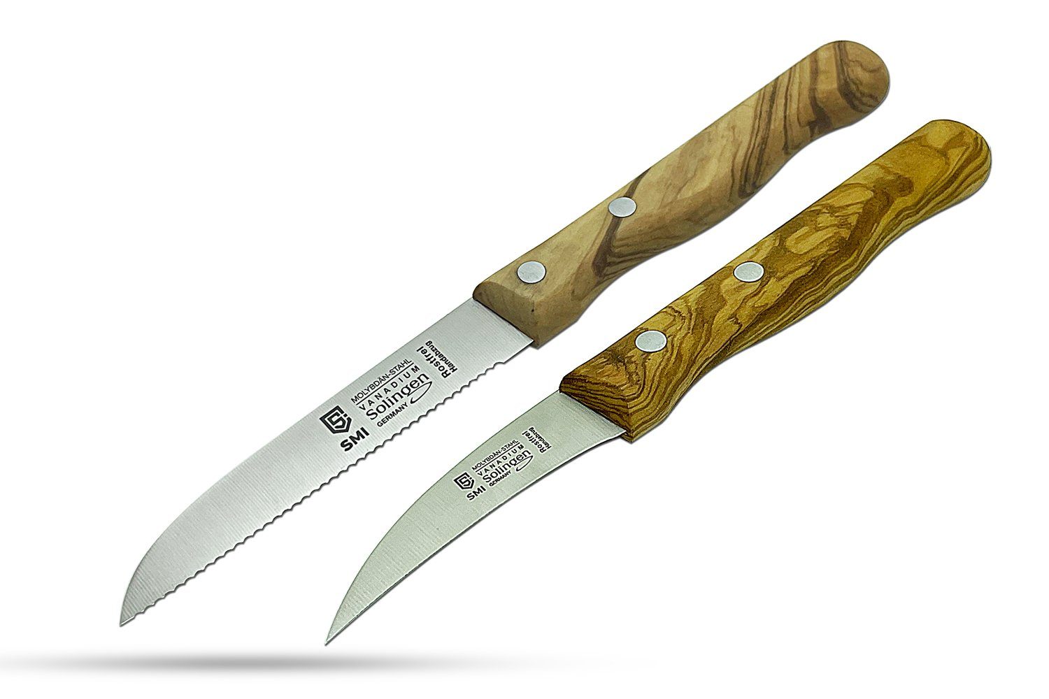 SMI Tomatenmesser 2-tlg Solingen Küchenmesser Schälmesser Tomatenmesser Obstmesser Holz, Wellenschliff und gebogen